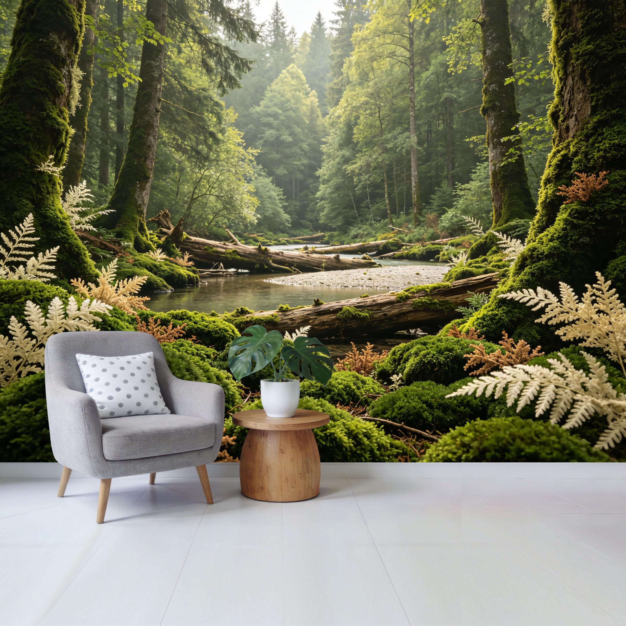 Custom Size Wall Mural Misty Forest Stream Mossy Logs Botanical Landscape SelfAdhesive Wall Fabric Removable Wallpaper for Home Office Decor