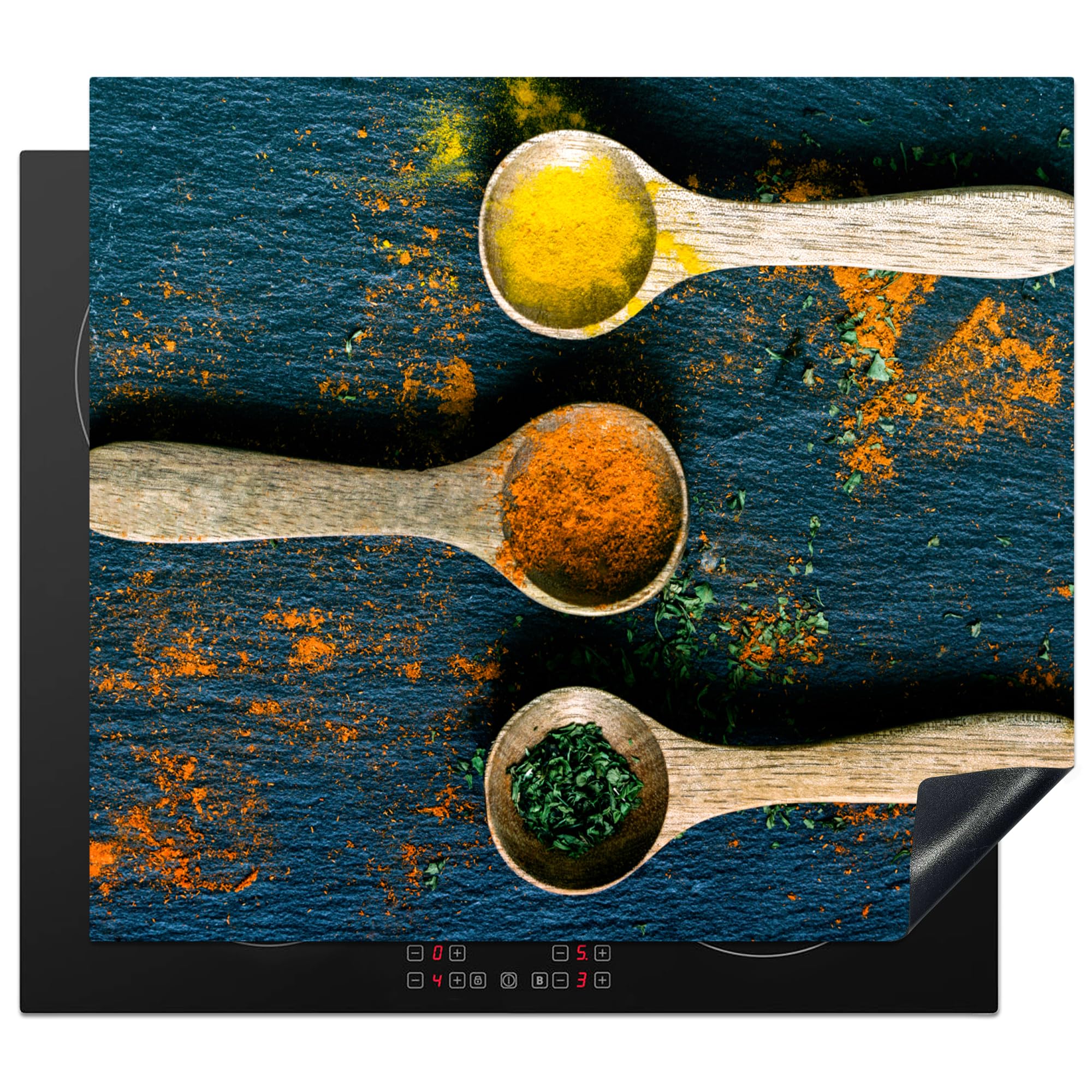 KitchenYeah© Induction Hob Protector Mat 20.5"x23.2" / 59x52 cm Stove Cap Top Cover Kitchen Cooker Covers for Electric Hobs Vinyl Spices - Spoon - Herbs - Brown - Yellow - Green — image 1