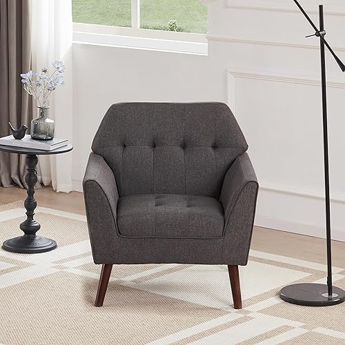 Miniatura 25 de Kingfun Sillas decorativas de tela de lino para dormitorio, sillón moderno de mediados de siglo para sala de estar, lectura cómoda, silla de sofá