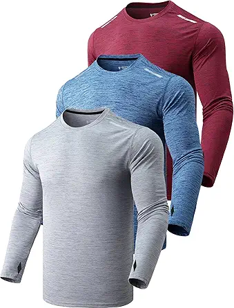 3 Pack: Men's Long Sleeve T Shirts, Dry Fit UV Sun Protection Outdoor Hiking Athletic Active Tops with Thumb Holes