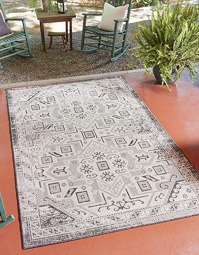 Unique Loom Outdoor Aztec Collection Alfombra de área - Coba (10 x 13 pies, rectangular, gris carbónmarfil)
