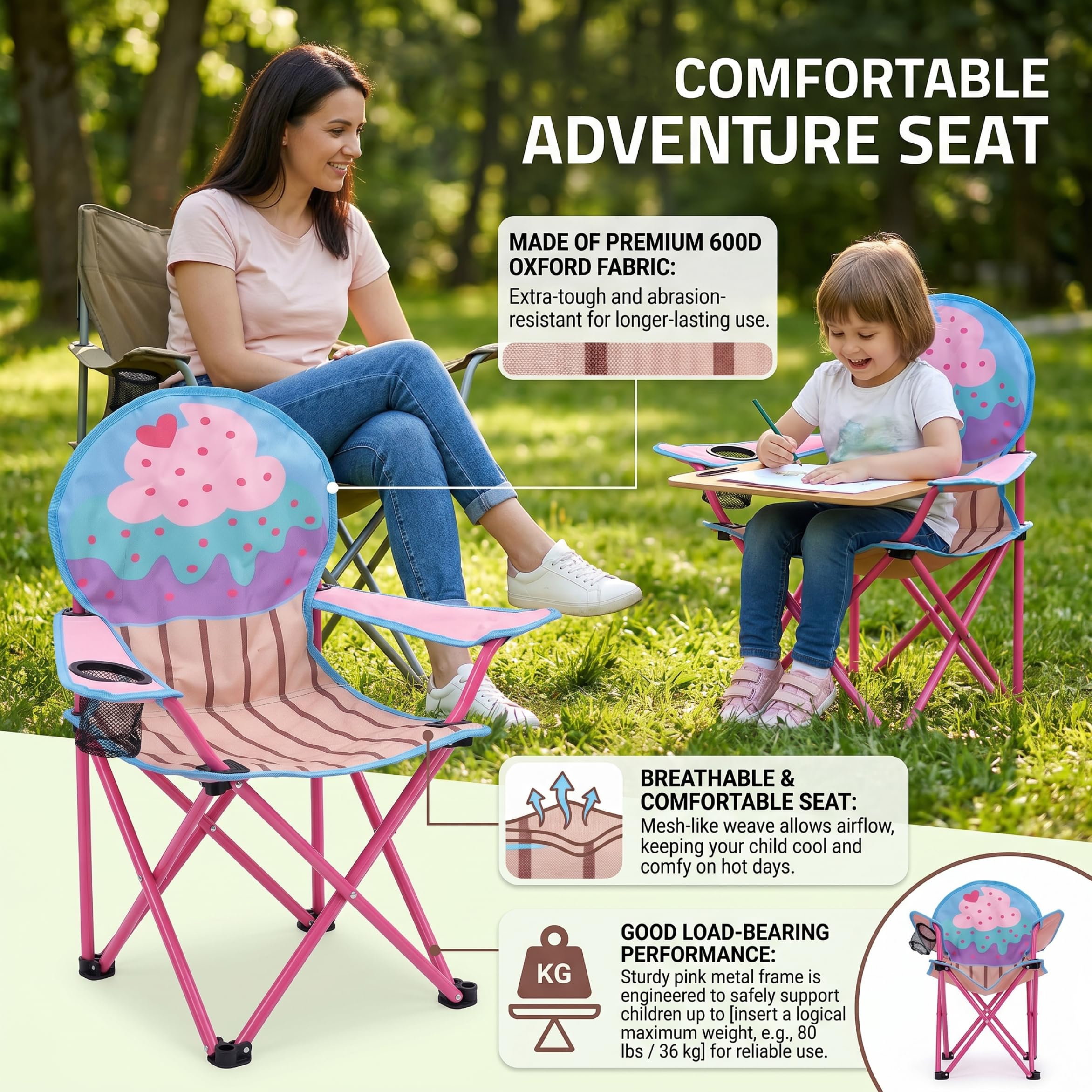 Silla de camping para niños | Silla de campamento para niños, tela Oxford 600D plegable para acampar, sillas portátiles para exteriores con patrón de helado y pastel para pequeños con portavaso