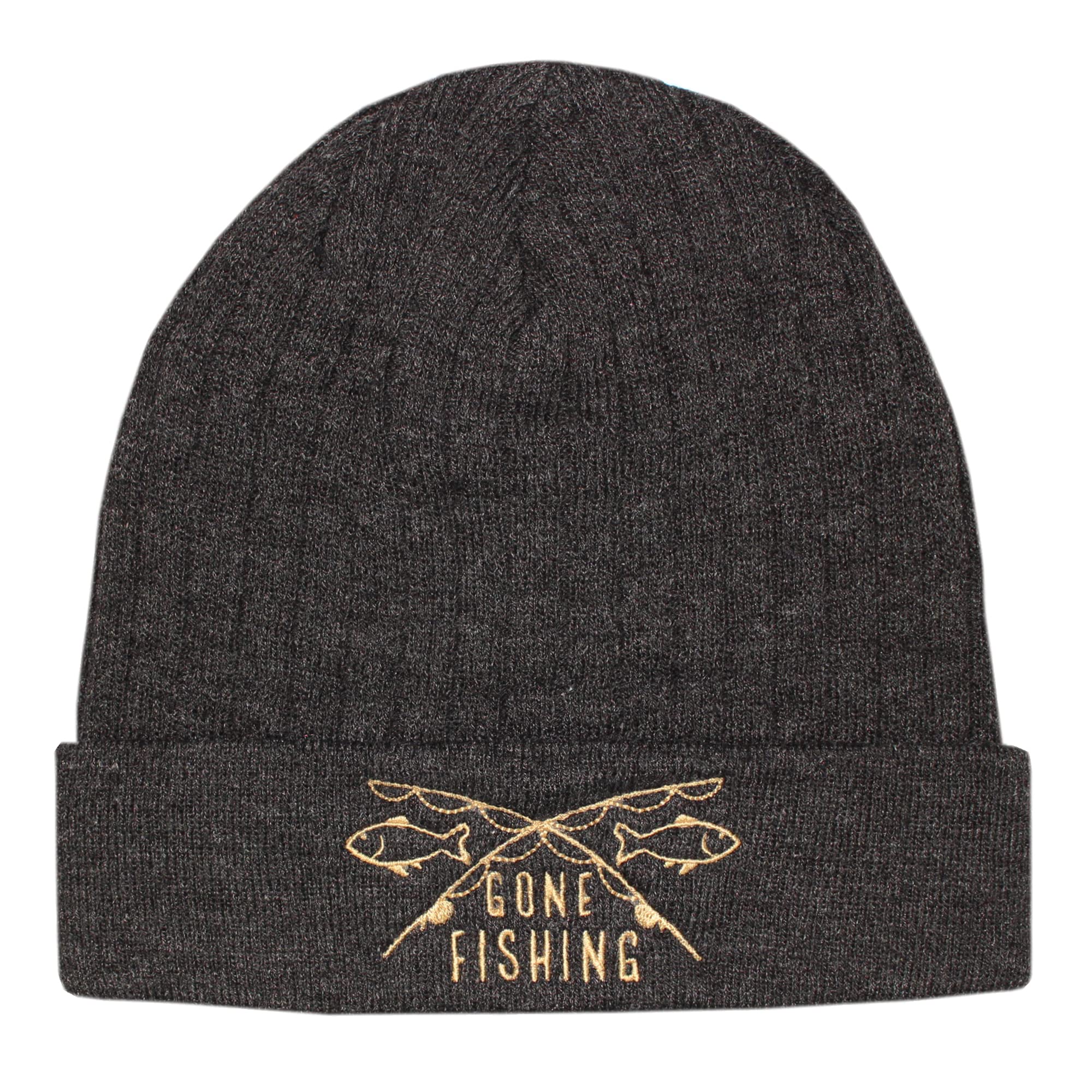 TeddyTs Adult Gone Fishing Knitted Rib Grey Beanie Hat,Dark Grey,L