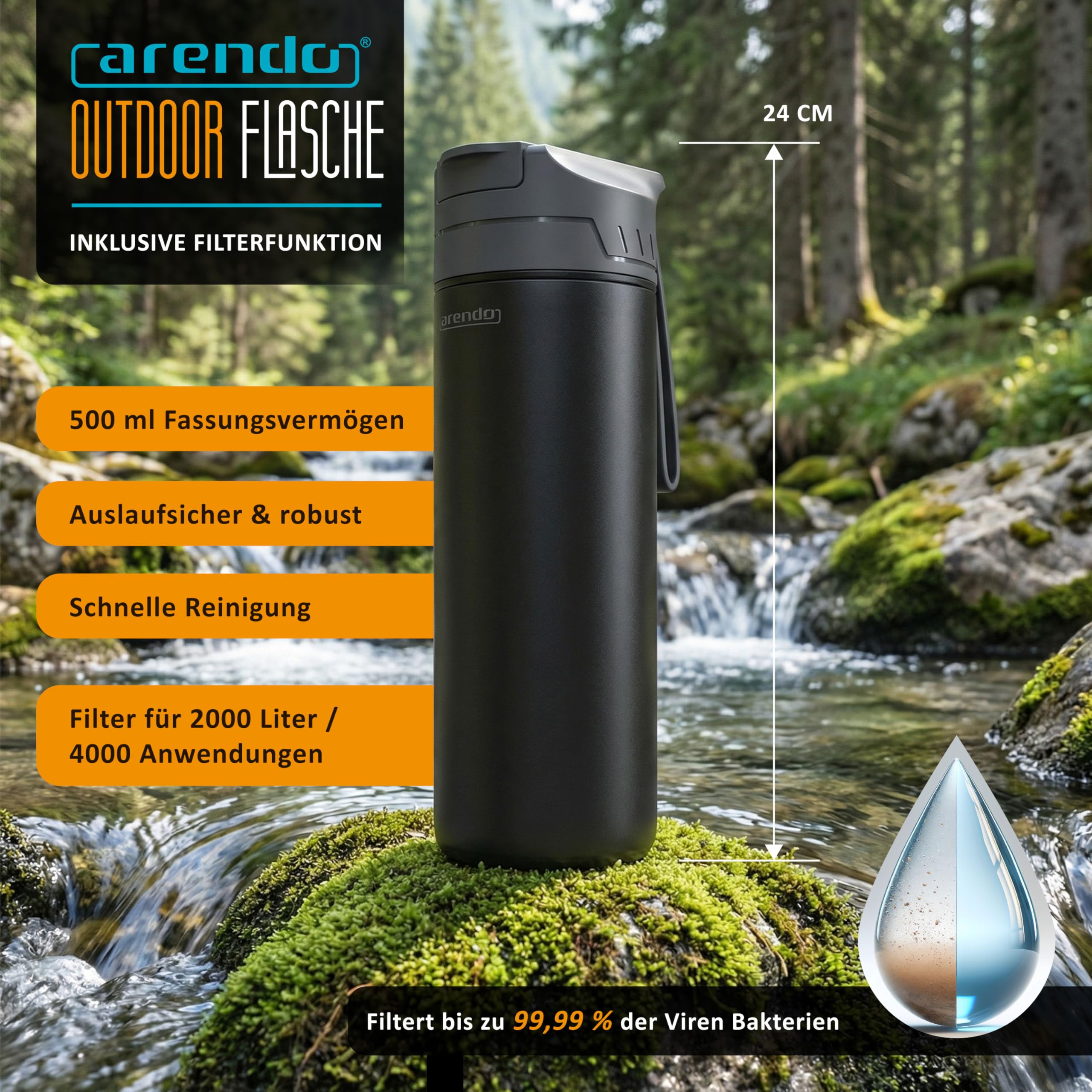 Arendo - Profi Outdoor Wasserfilter Flasche - 500 ml Trinkflasche – 2000 Liter Filterkapazität – filtert bis zu 99,99% der Viren Bakterien – entfernt Mikroplastik Chemikalien Schwermetalle