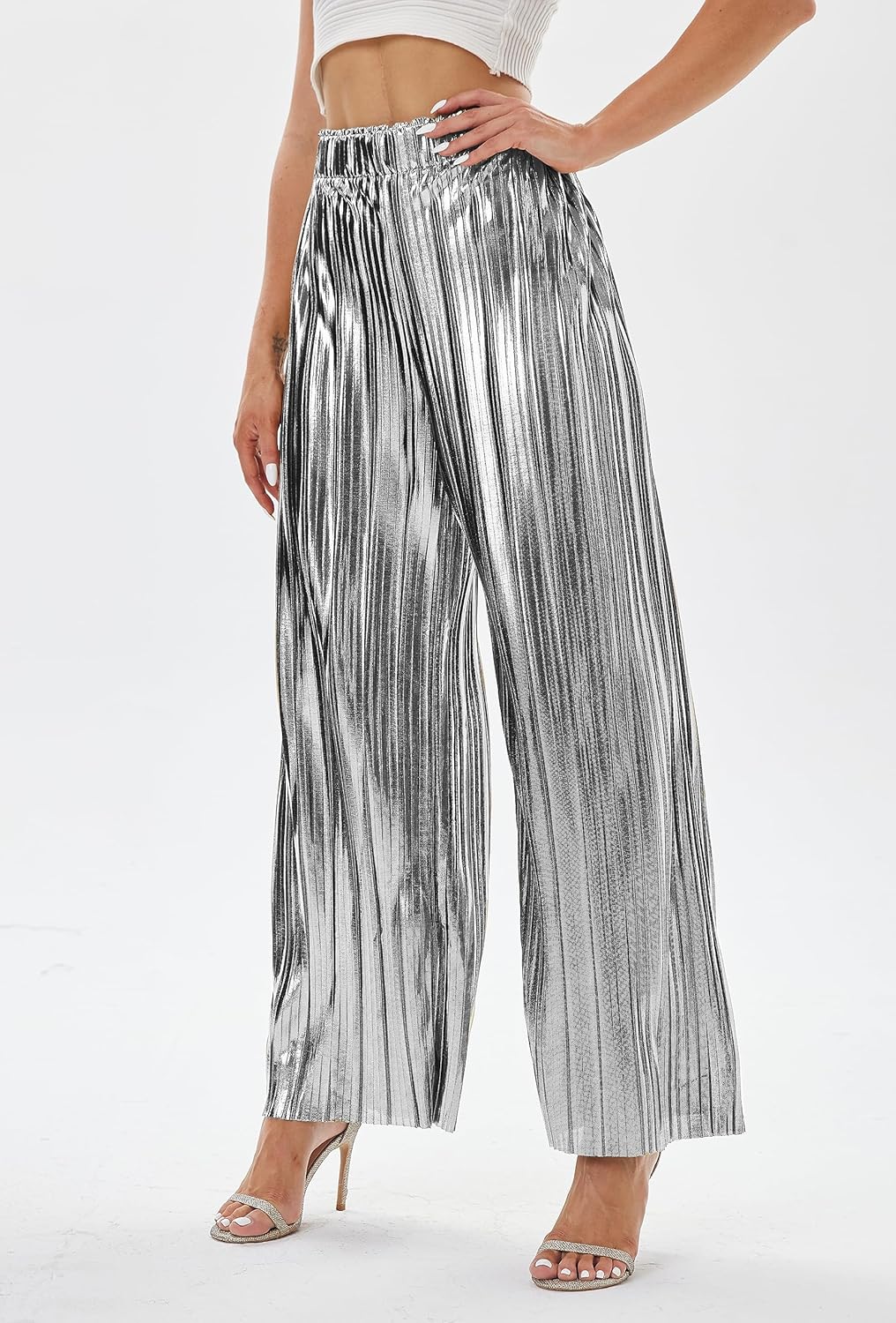 zsangbee Women's Metallic Sparkle Wide Leg Sequin Shiny Pants Party Club Casual Silver Gold Pants - Image 5
