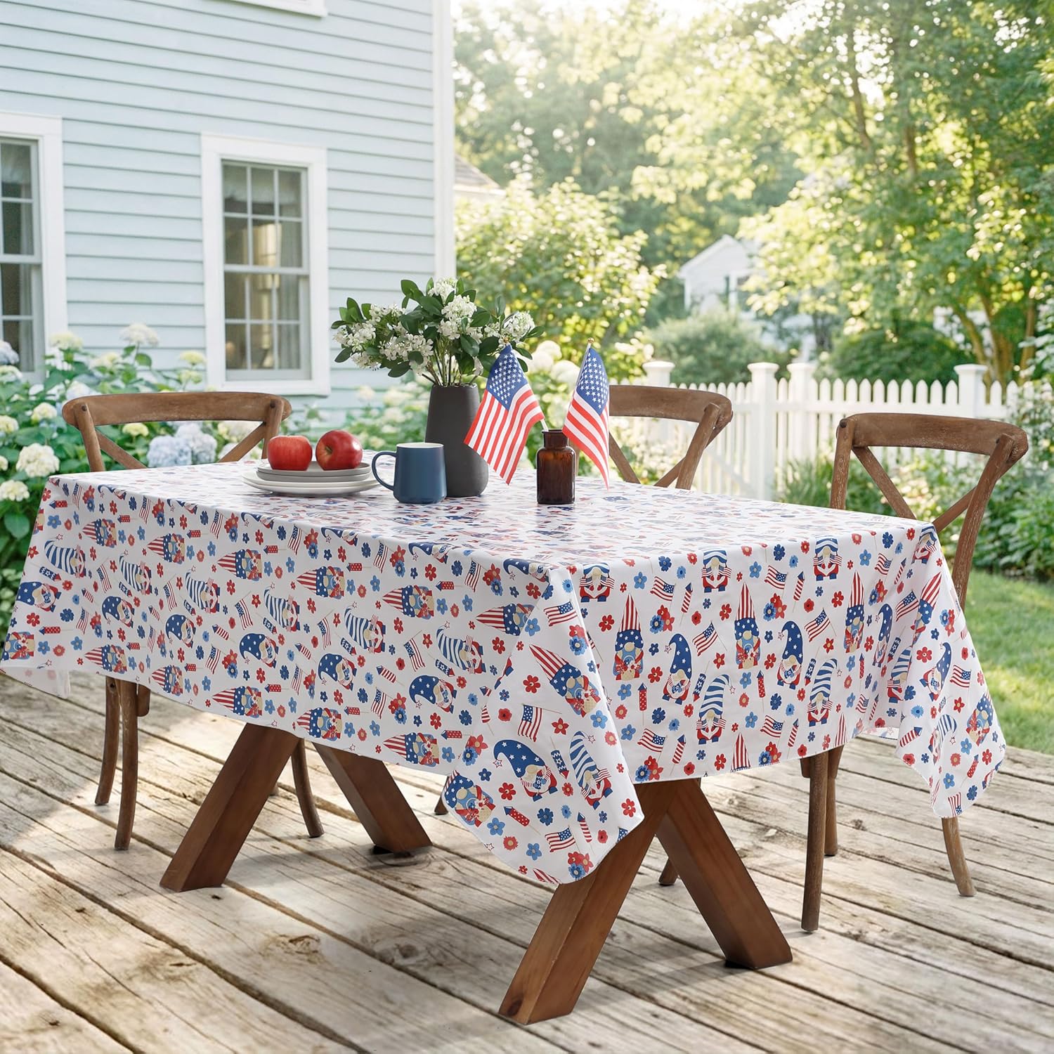 Newbridge Gnome Party Vinyl Flannel Backed Tablecloth, 60 x 102 Inch Rectangle, Patriotic 4th of July Gnomes with Flags and Fireworks Wipe Clean Table Cover