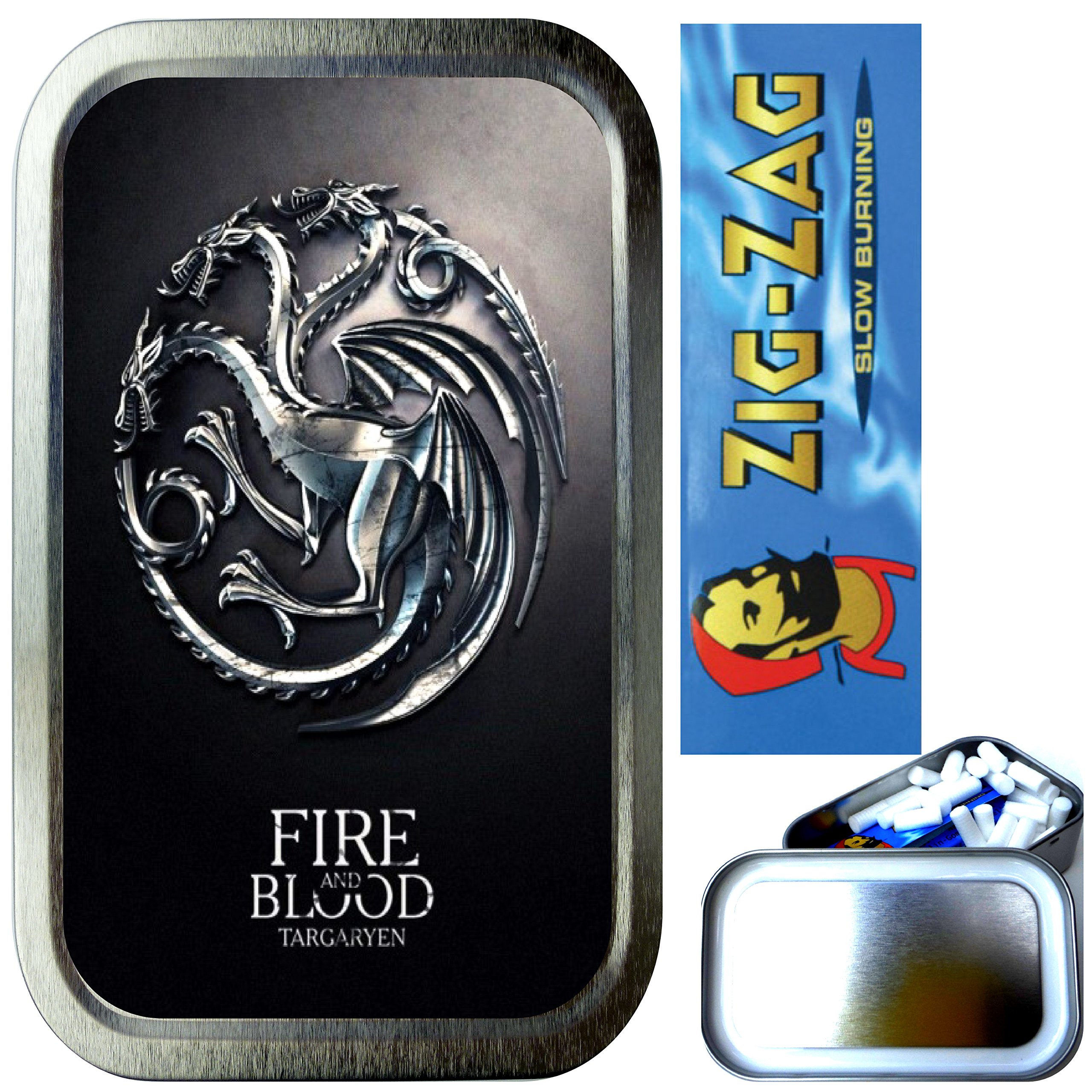Teez Silver Targaryen Smoking Set, 1Oz Tobacco Tin,Cigarette Papers,Cigarette Filters,Cigarette Tips