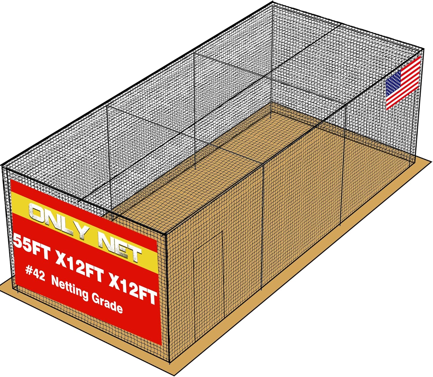 Baseball Batting Cage Netting – 35'L/55'L/70'L 1.75" Mesh Batting Cage Only Net for Professional Fully Enclosed PE Baseball Cage Net with Door, Without Frame