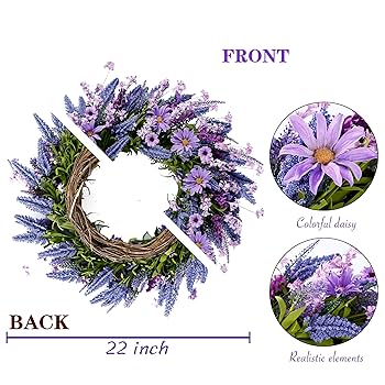 20 Inch Artificial Lavender Wreath, Handmade Purple Floral Wreath With