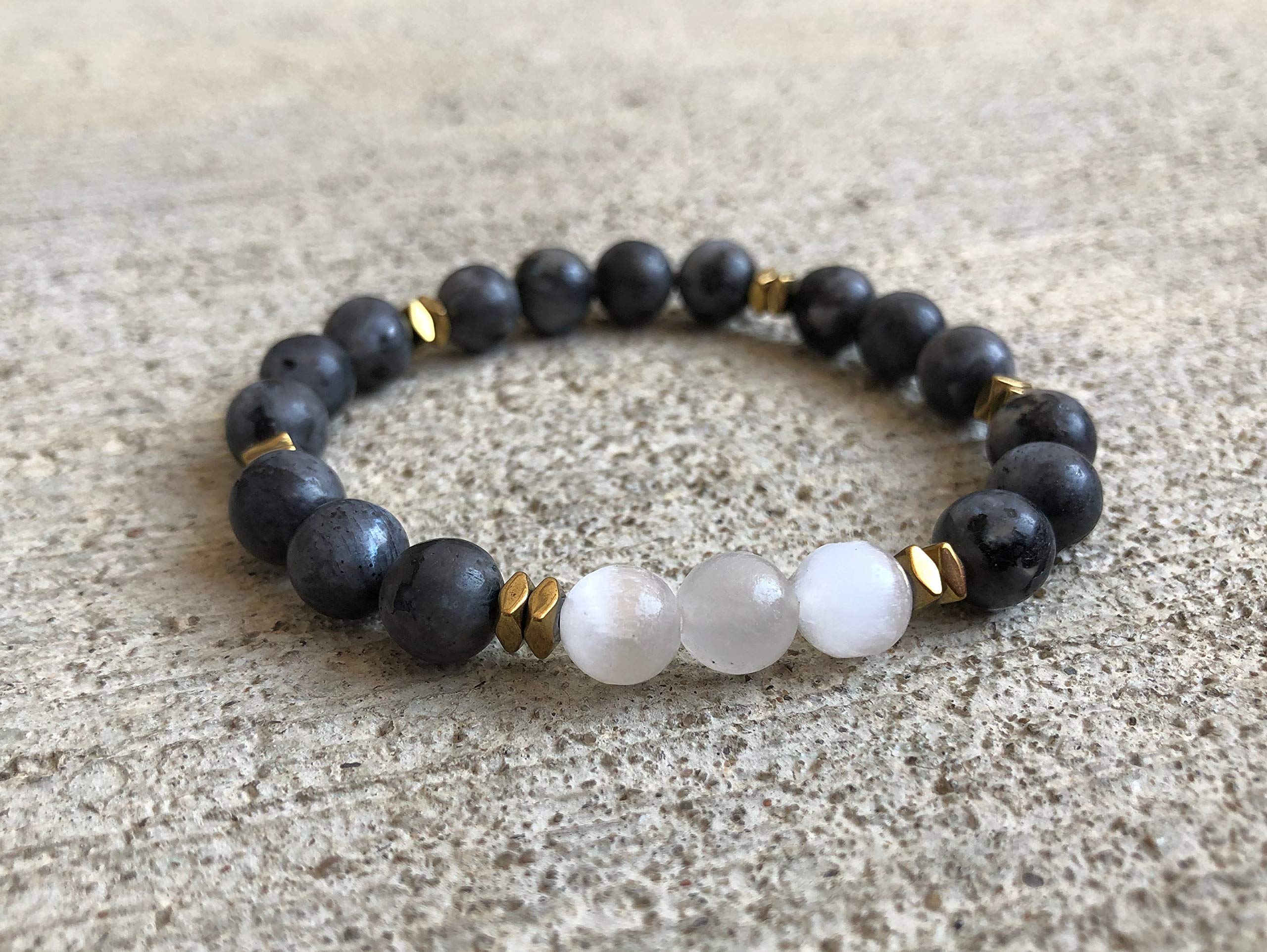 Indigo Child DesignedSelenite & Black Moonstone Lunar Empath Protection Bracelet, Moon, Phase, Transformation