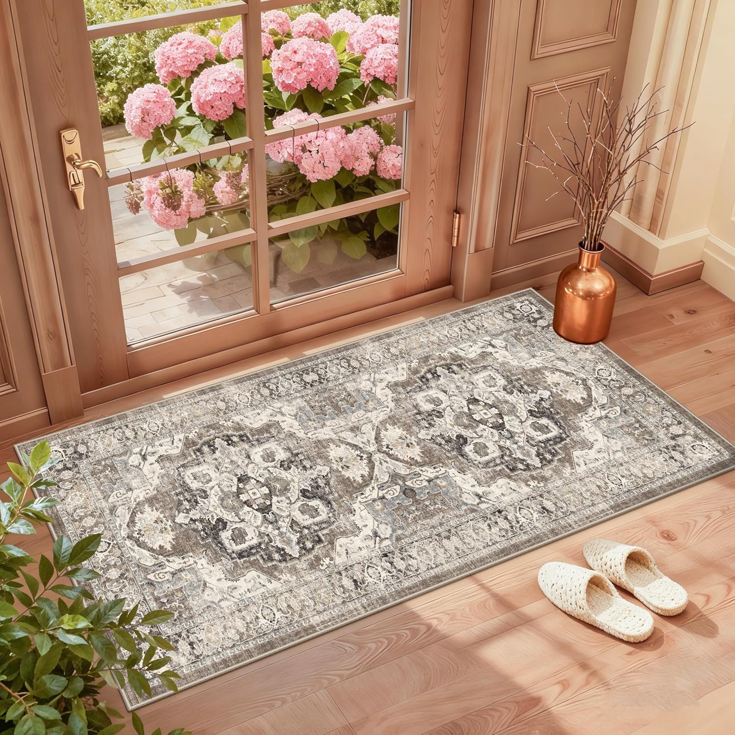 YOUFORTONG 2x4 Washable Entryway Rug: Vintage Non-Slip Small Rugs for Kitchen Bathroom Indoor Soft Thin Door Mat Low Pile Stain Resistant Floor Carpet Home Decor for Bedroom (Beige/Brown/Grey, 2x4)