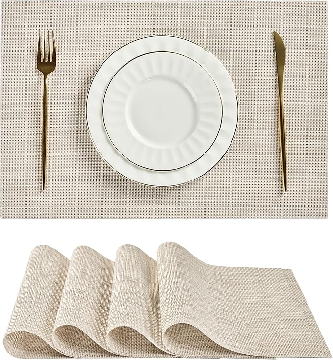 Leetaltree Beige White Placemats Set of 4 - Heat Resistant Non-Slip Place mats for Dining Table, Washable Durable PVC Vinyl Woven Table Mats(Beige White, 4)