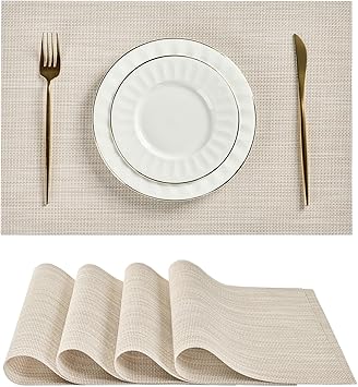 Leetaltree Beige White Placemats Set of 4 - Heat Resistant Non-Slip Place mats for Dining Table, Washable Durable PVC Vinyl Woven Table Mats(Beige White, 4)