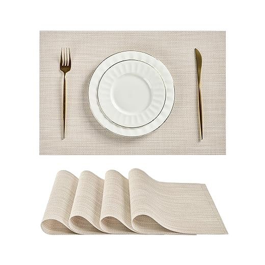 Leetaltree Beige White Placemats Set of 4 - Heat Resistant Non-Slip Place mats for Dining Table, Washable Durable PVC Vinyl Woven Table Mats(Beige White, 4)