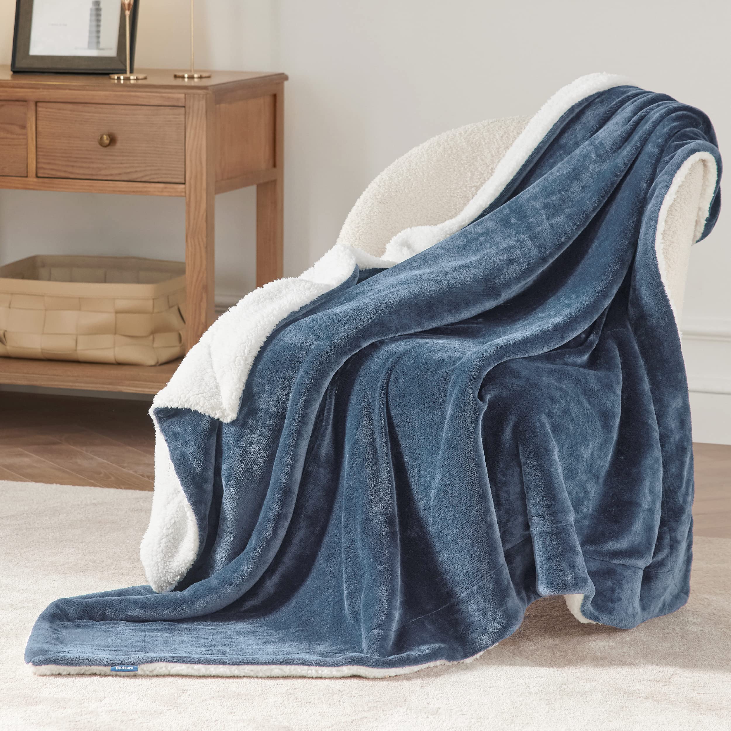 Bedsure Sherpa Fleece Throw Blanket Twin Size for Couch - Thick and Warm Blankets for Winter, Soft and Fuzzy Twin Blanket for Bed, Slate Blue, 60x80 Inches
