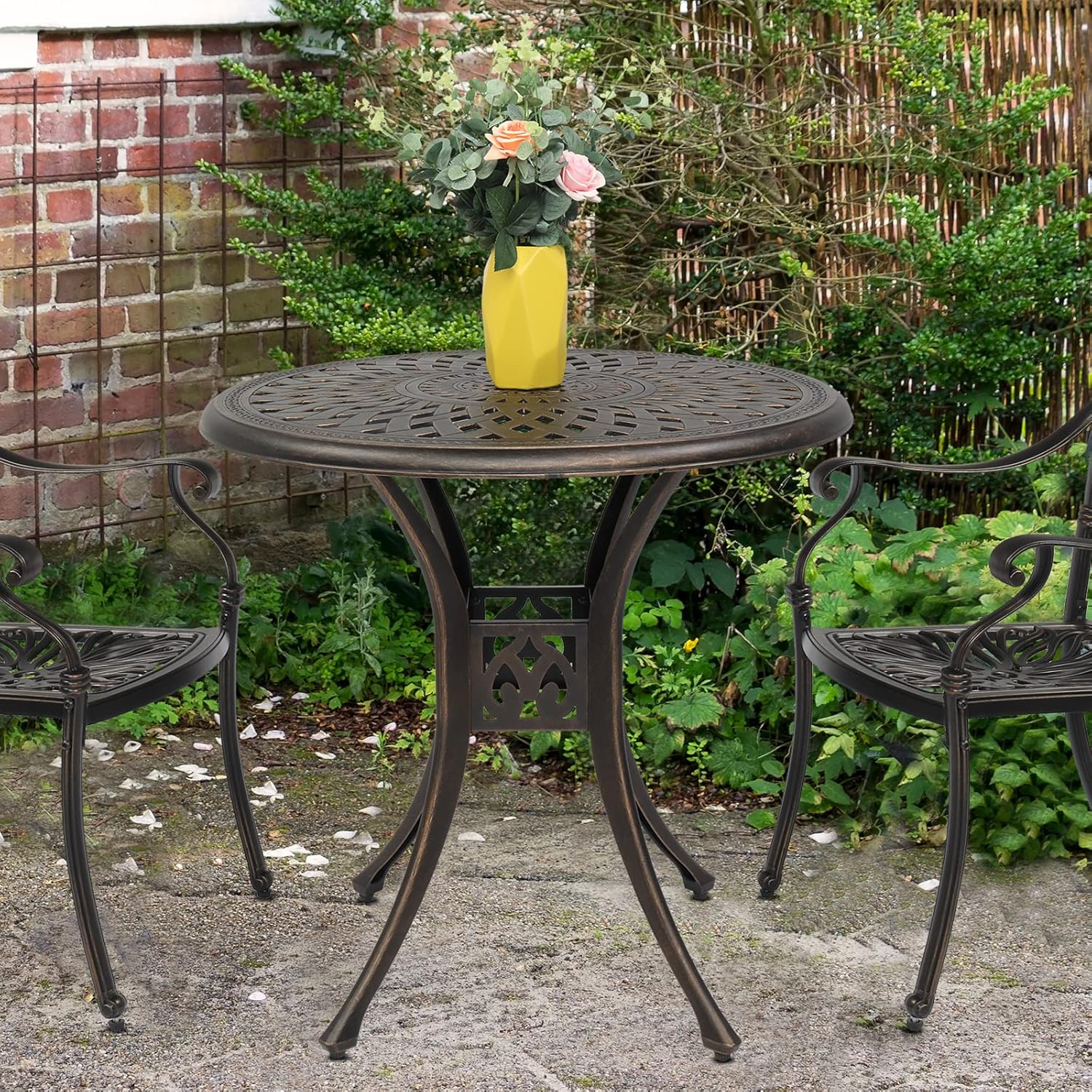 Patio Bistro Dining Table with Umbrella Hole,Cast Aluminum Backyard Bistro Round Table, Outdoor Garden Furniture Table