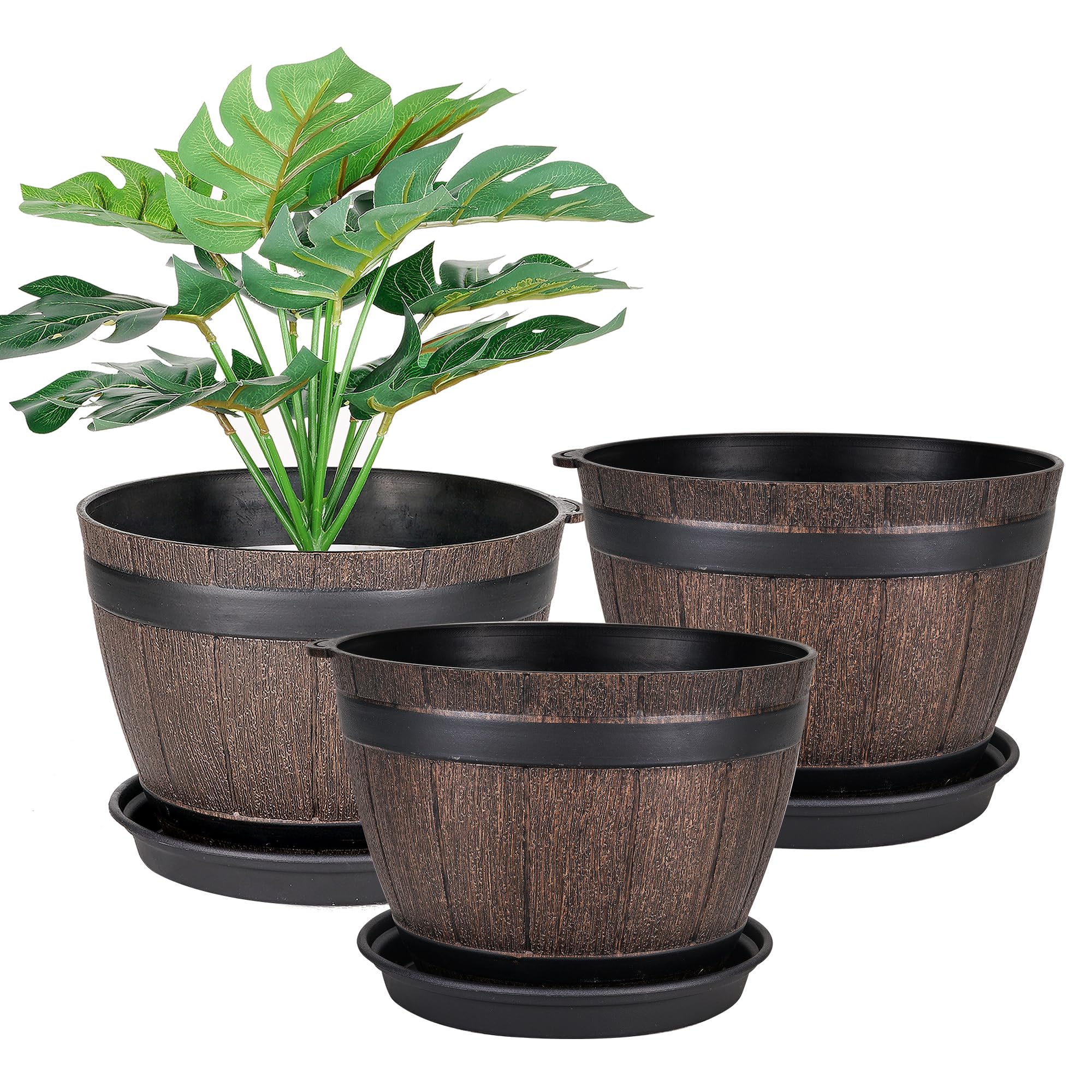 VECELO 植木鉢 鉢 幅19cm×高さ14cm 鉢植え 3点セット プランター 受け皿付き 穴付き おしゃれ 多肉植物 インテリア 観葉植物 部屋 ワインバレルポット オフィス 室内 飾り シンプル プランターバレル レトロフラワープランター フェイクウッドプランター