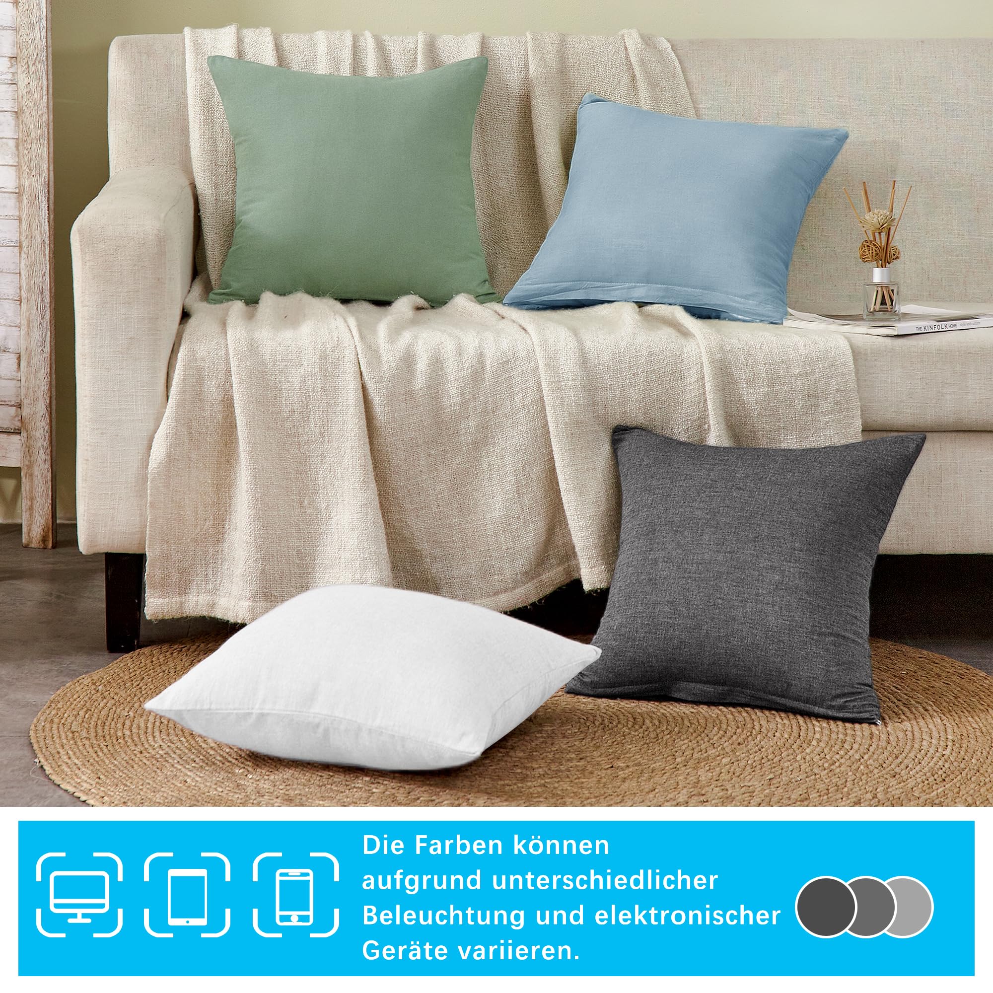 ATsense Federe Cuscino Letto 40x40 cm di 1, 100% Cotone Lavato, Copricuscino Letto Verde Unicolore Con Cerniera, Federa Cuscino Certificata OEKO-TEX