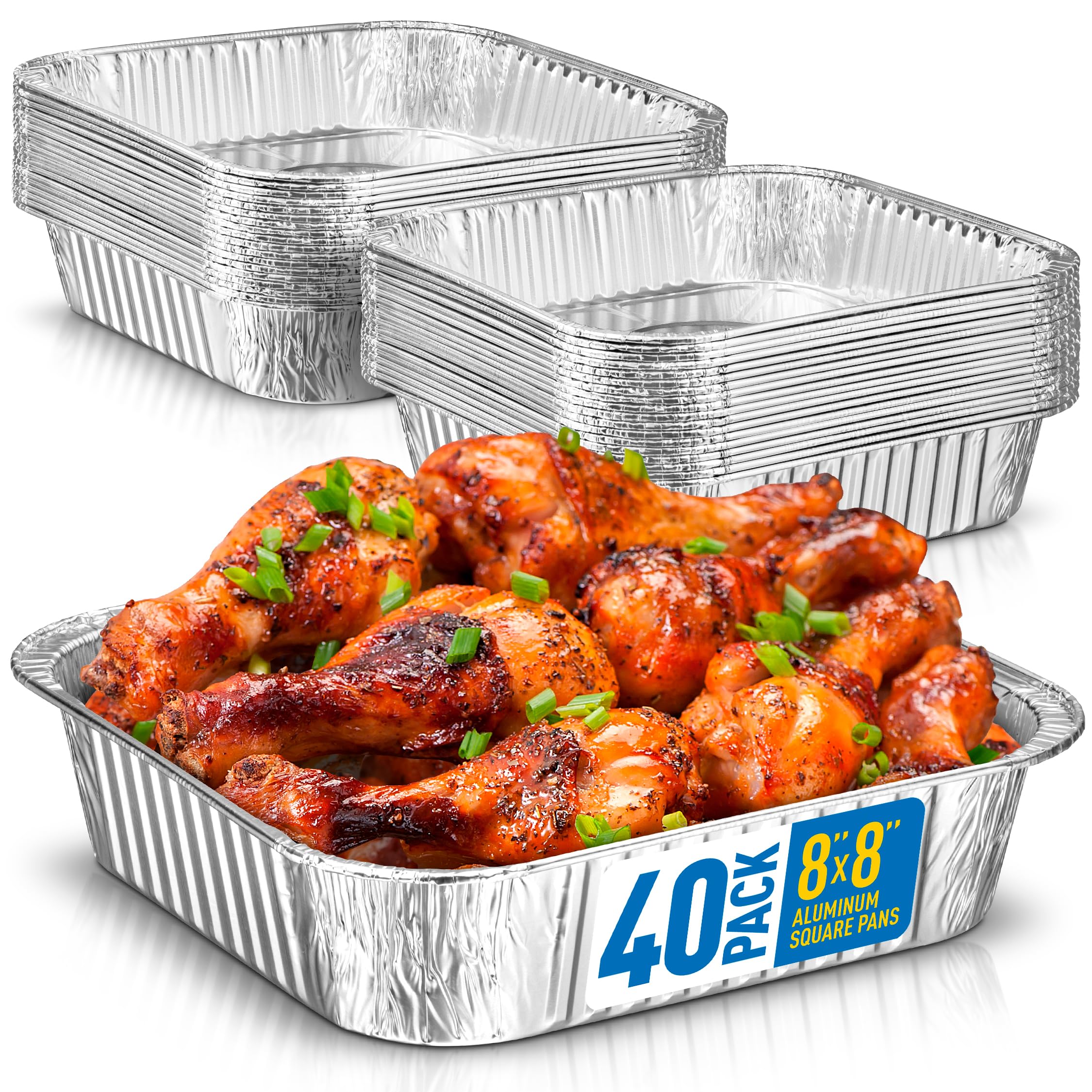 8x8 Disposable Aluminum Pans - 40 Pack Foil Pans For Cooking, Baking Cakes, Roasting &amp; Homemade Breads - Disposable Food Containers