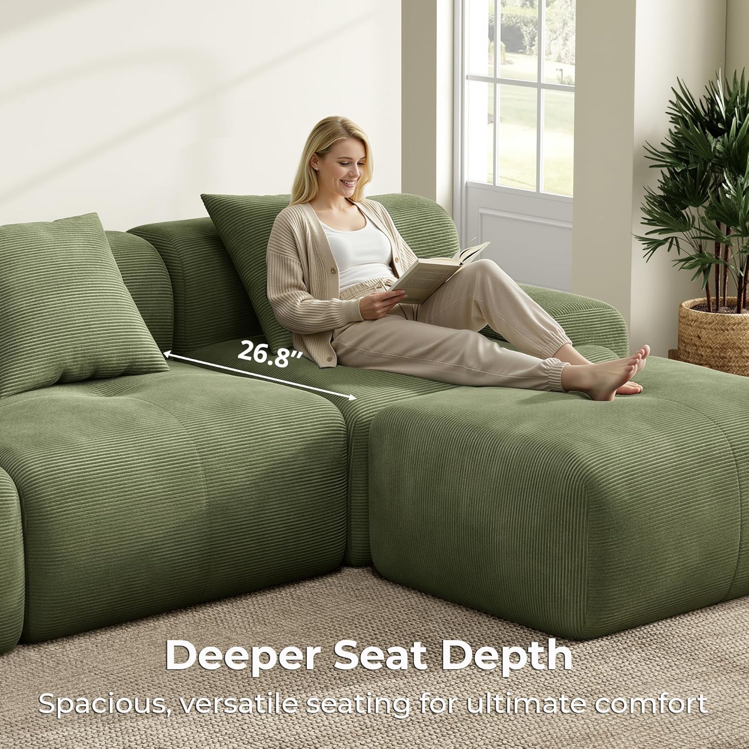 A person relaxing on the deep-seated LIKIMIO sofa, highlighting the 26.8 inch seat depth