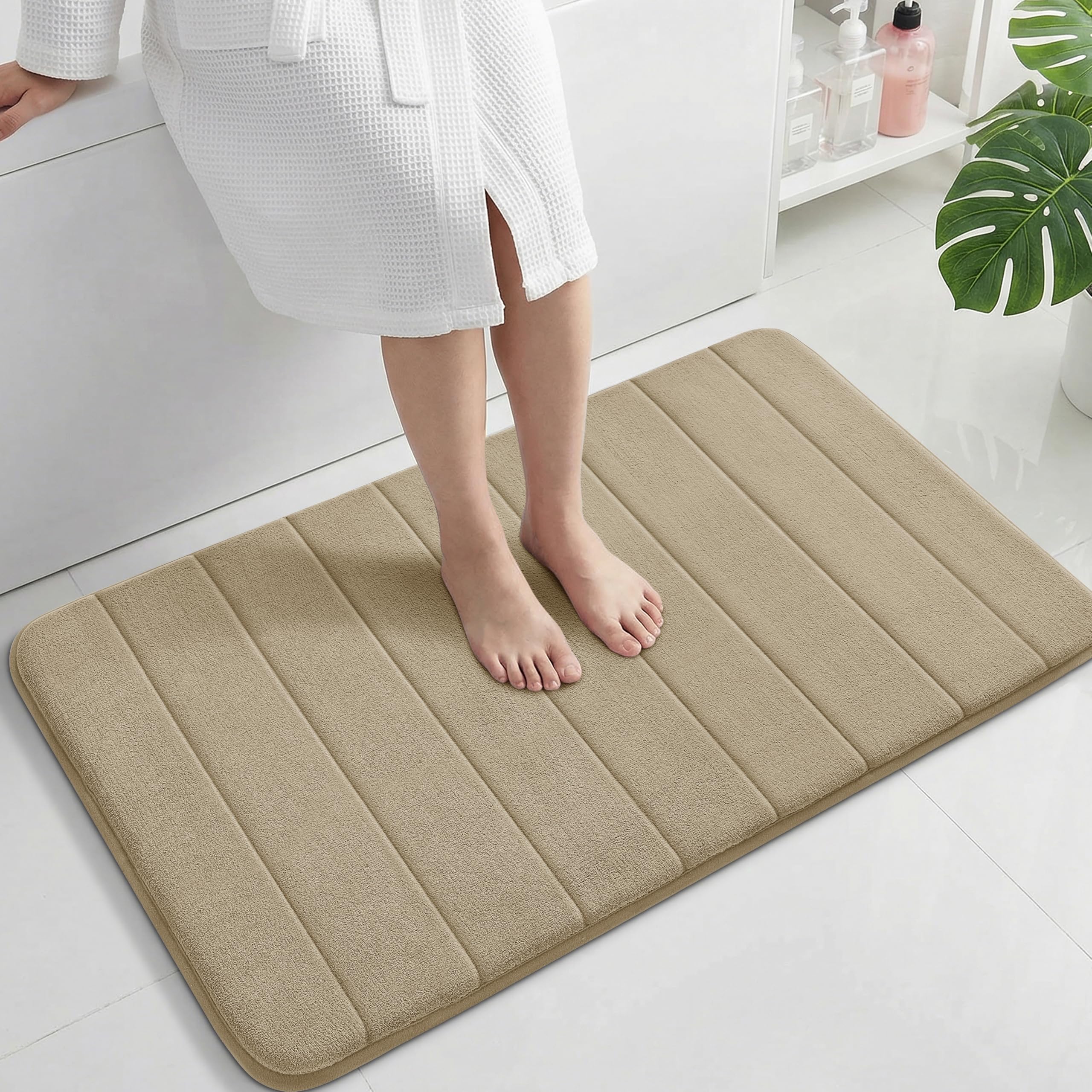 Yimobra Large Bath Mat 36"x24", Super Soft Quick Dry Memory Foam Bathroom Rug, Water Absorbent, Non Slip Backing Machine Washable for Tub Shower, Thick Comfort Support, Light Tan