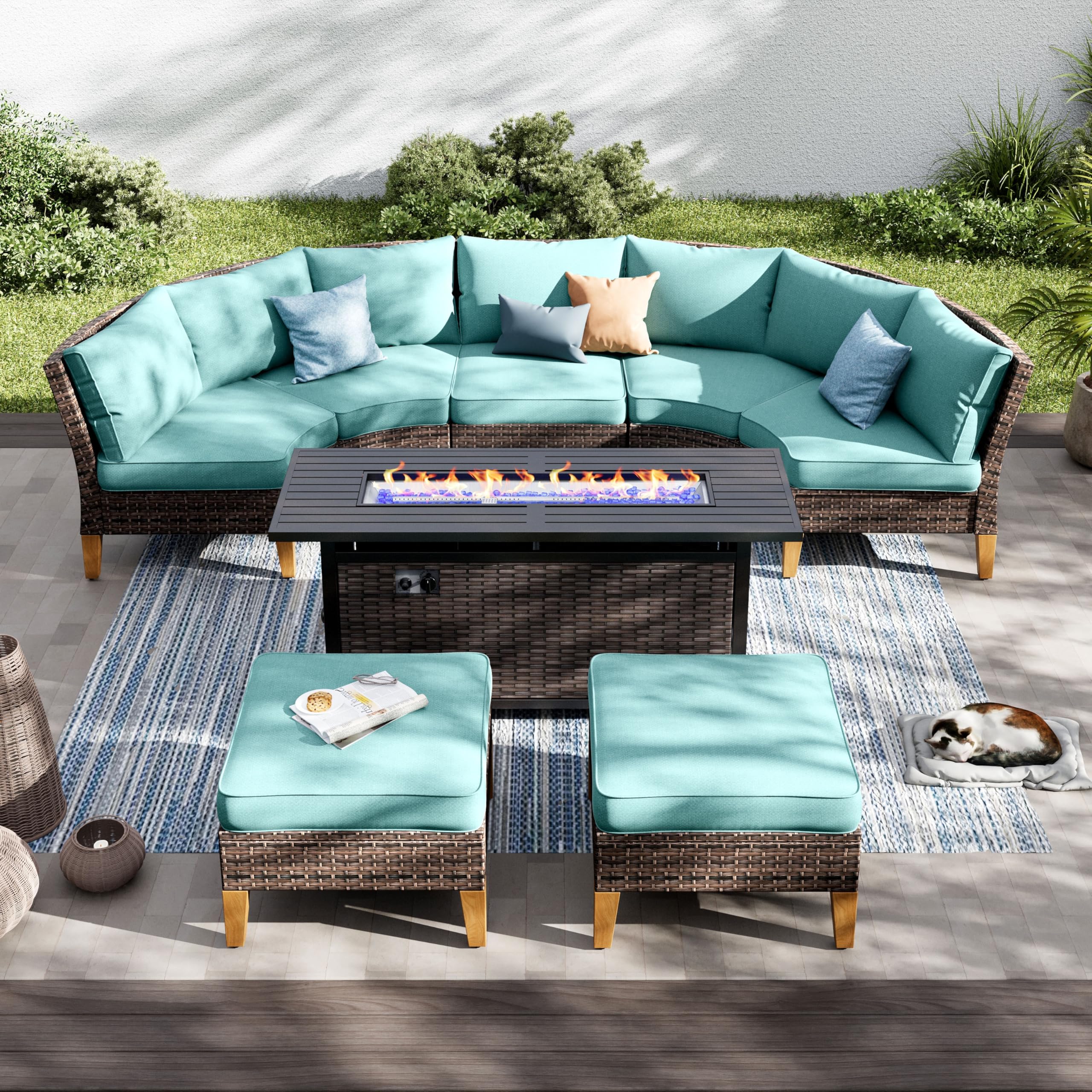 PHI VILLA 6-Piece Wicker Patio Furniture Set with Fire Pit Table, Outdoor Half-Moon Curved Sectional Sofa with Cushions, 56” Gas Fire Pit Table and