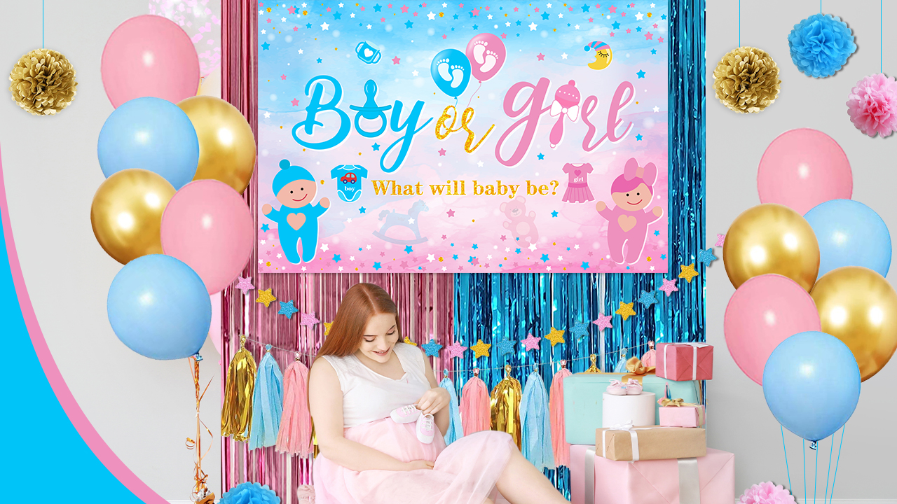 Gender U200bReveal Backdrop Boy Or Girl Baby Reveal Decorations,Blue Or Pink Backdrops Boy Or Girl Banner Sign Background For He Or She Gender Reveal Surprise Shower Party Photo Booth Props