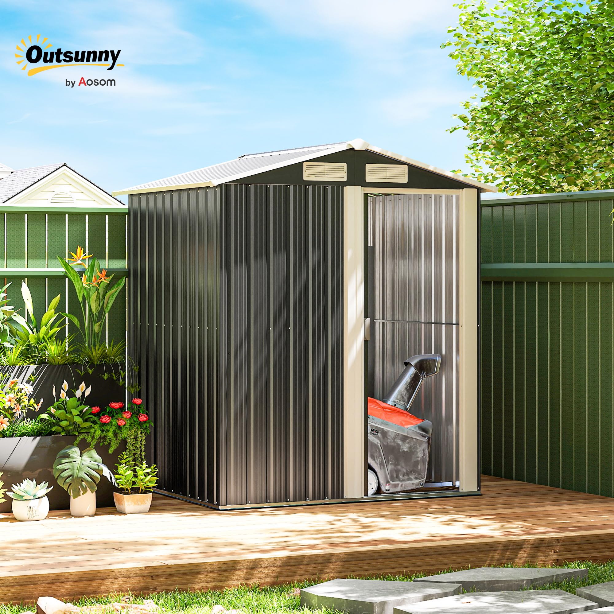 Outsunny Cobertizo de Jardín con Base de Refuerzo Sin Suelo 152x132x188 cm 1,7m² Caseta de Jardín Exterior con 1 Puerta Corredera y 4 Ventanas para Almacenamiento de Herramientas Gris