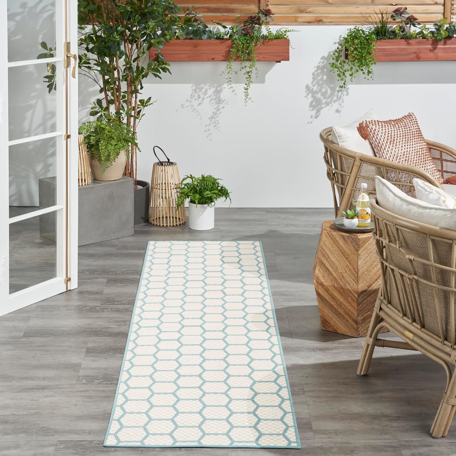 Nourison Home Reversible Indoor Outdoor Aqua 2' x 6' Area Rug - Easy Clean, Non Shedding, Bed Room, Living Room, Dining Room, Kitchen (6' Runner)