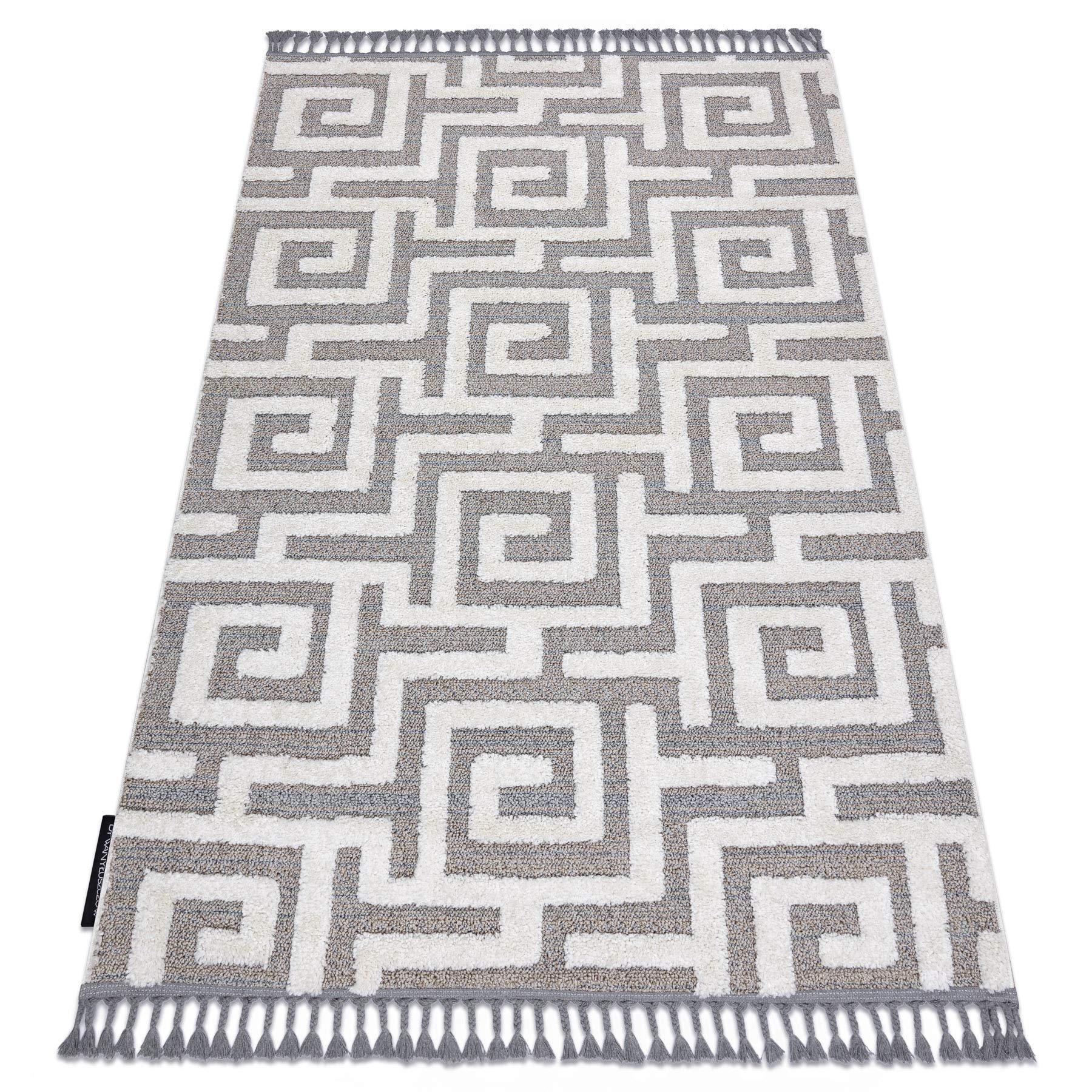 Tapis labyrinthe grec franges berber shaggy rugsx tapis gris et blanc épais 120x170