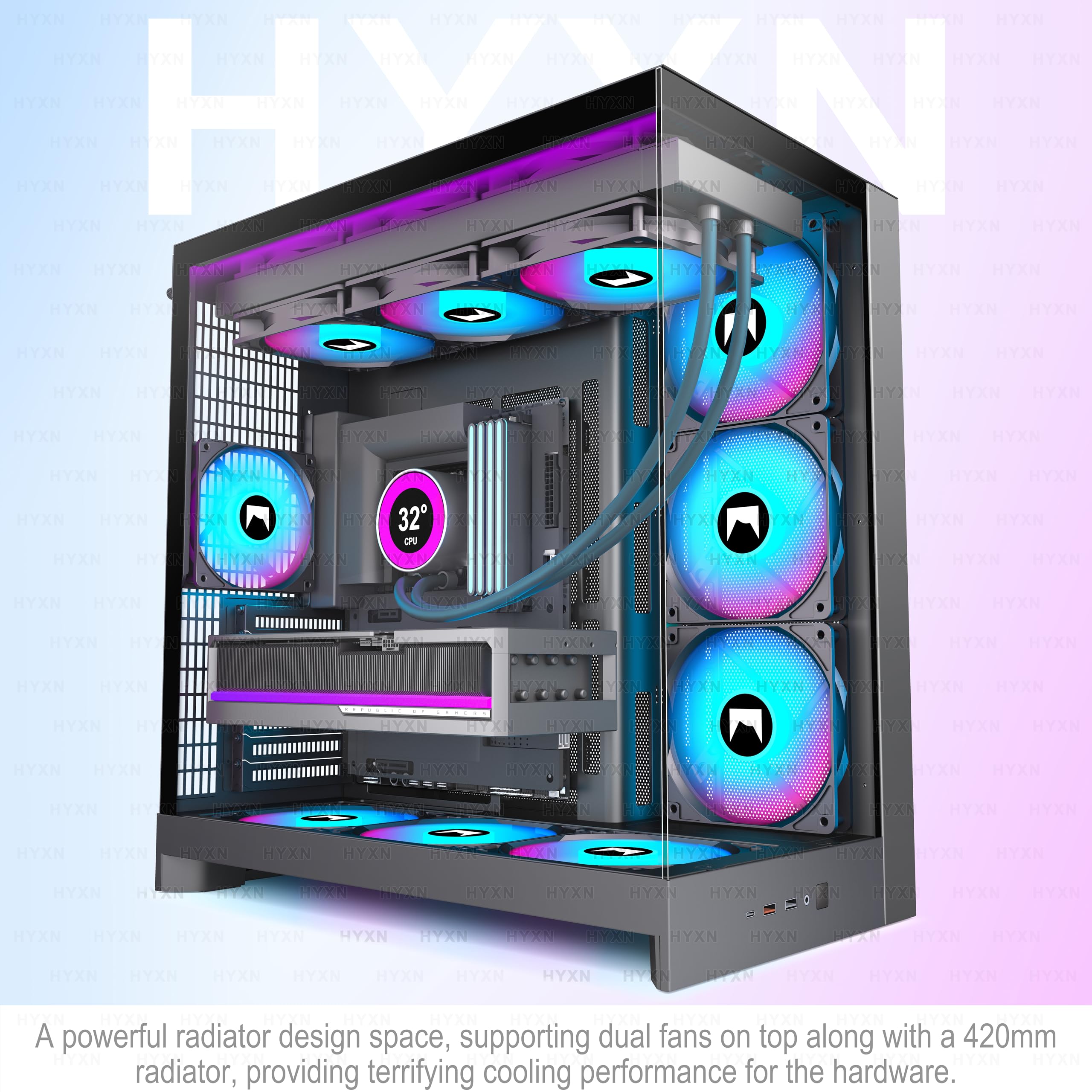 H2(2026) HYXN PC Gehäuse ATX mit 8 Lüfter(6X140 und 2X120) Groß Dual Kammer Mid-Tower Computer Gehäuse Airflow Gaming PC-Gehäuse,Unterstützt 420mm-Wasserkühler,Gaming Gehäuse (Schwarz, H2)