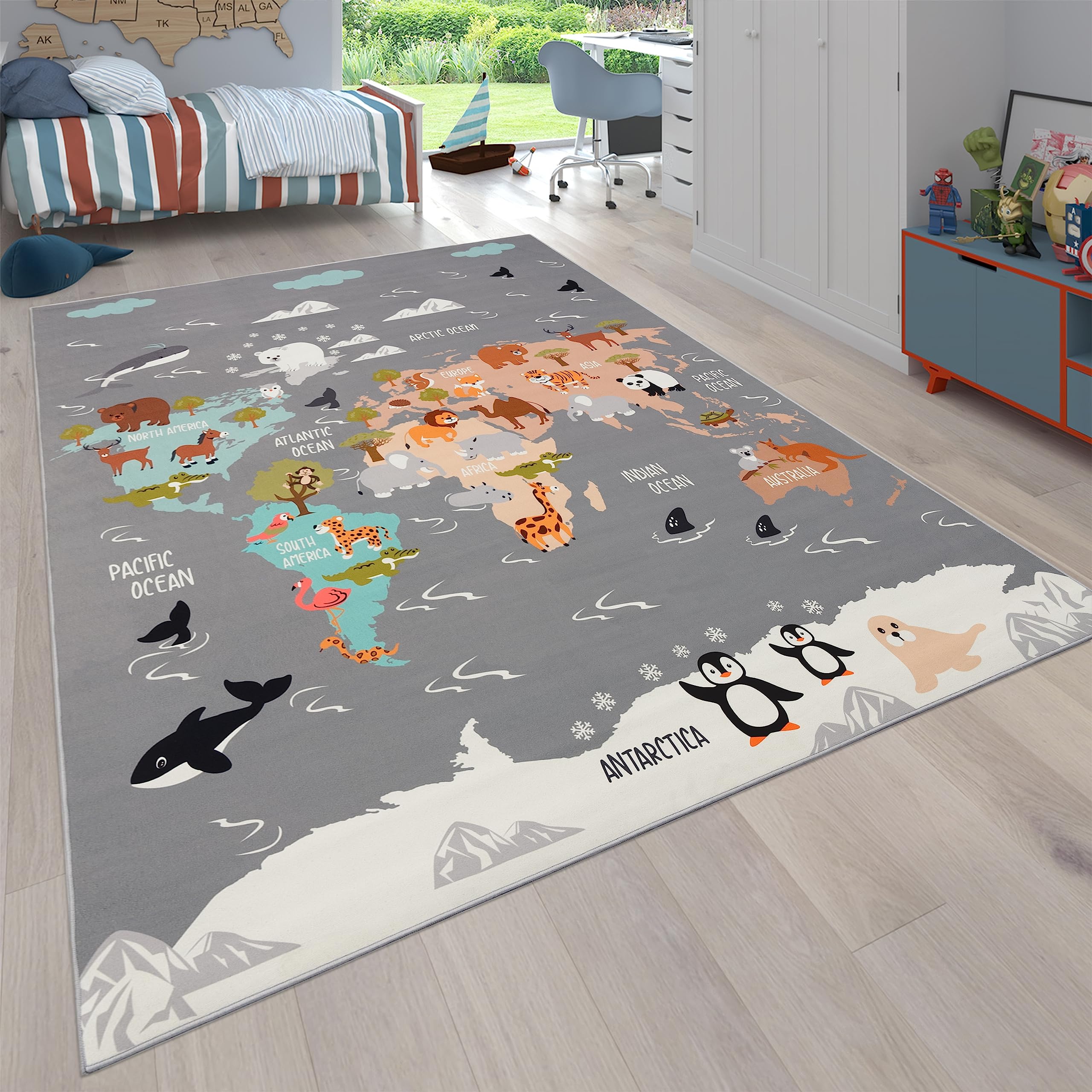 Paco Home Alfombra De Habitacion Bebe Infantil Niña Niño De Juego Motivo Animal Antideslizante Moderna Gris Azul Marron, tamaño:160x220 cm