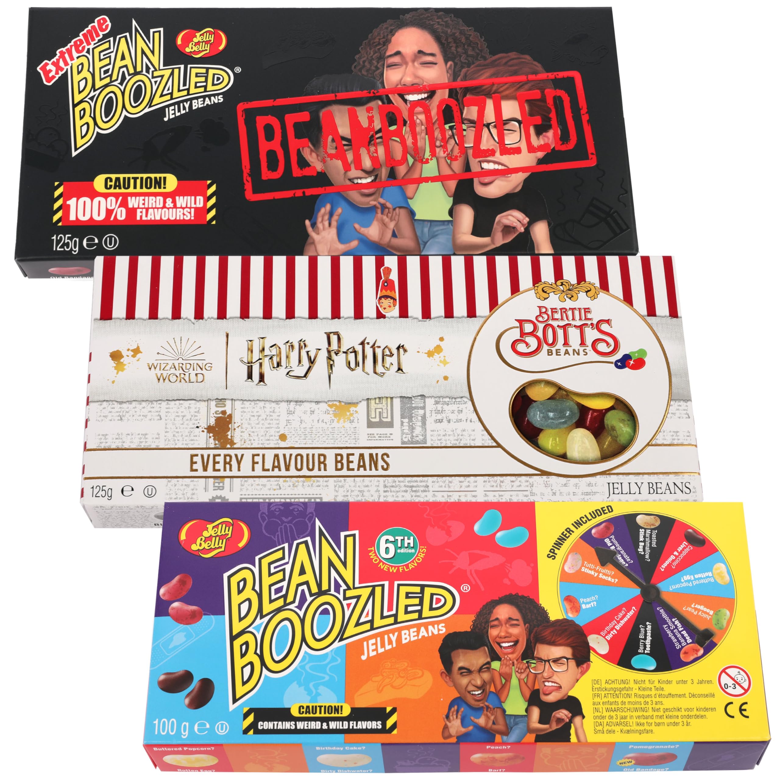 Jelly Belly Bean Boozled Set - Ruota della fortuna + Flaming Five edizione calda e Extreme Special Edition 2x 100g und 1x 125g