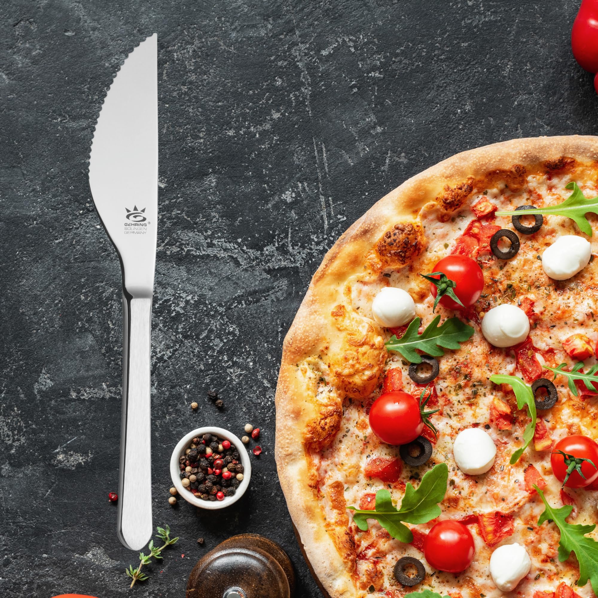 GEHRING Solingen Satino Pizza Messer 6 Stück I 11 cm Klingenlänge I grober Wellenschliff I Pizzamesser Edelstahl 6-teilig I Made in Germany I spülmaschinengeeignet