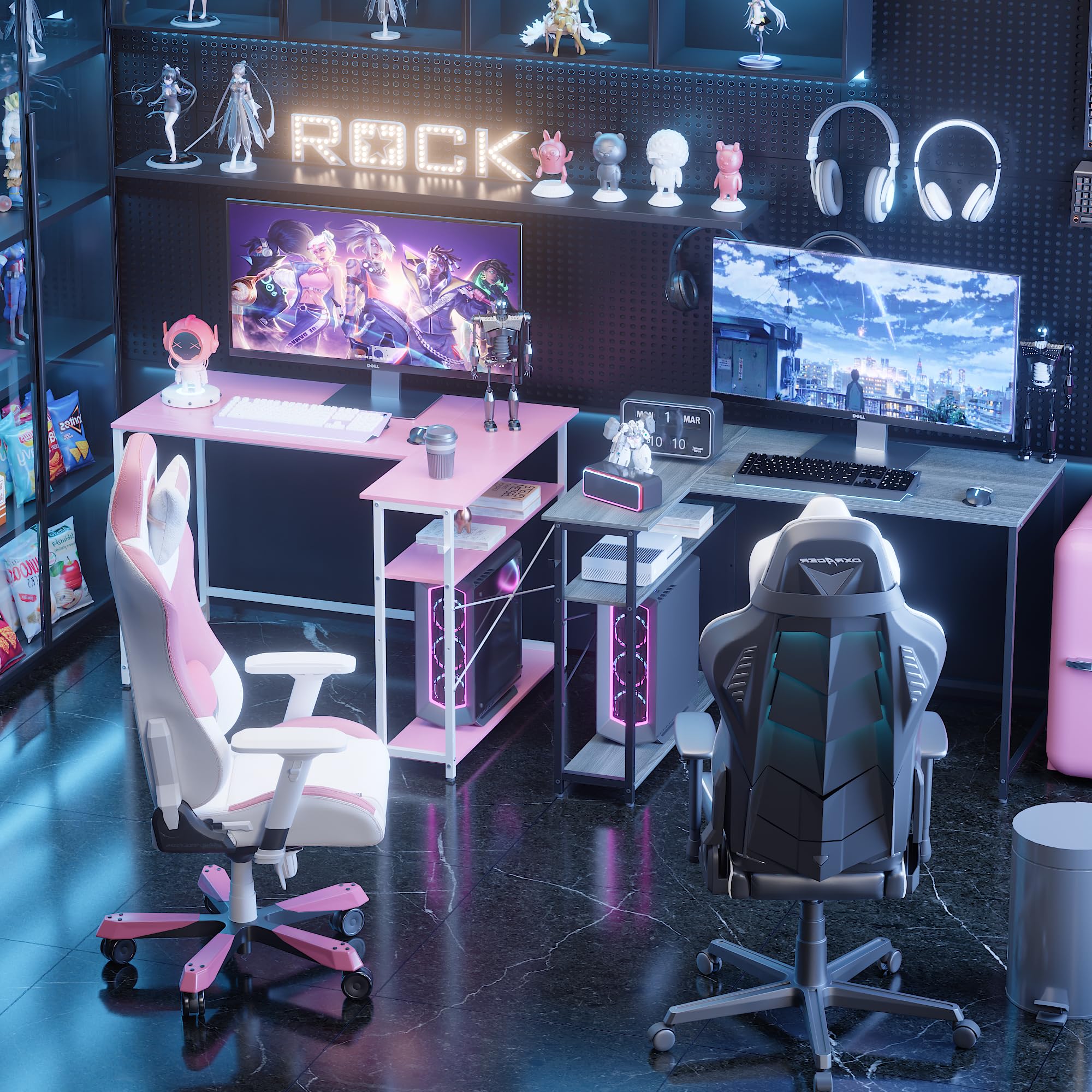 PAMRAY Bureau d'angle en L 109cm avec étagères réversibles, Table de Travail PC Gaming et étude pour Chambre, Rose