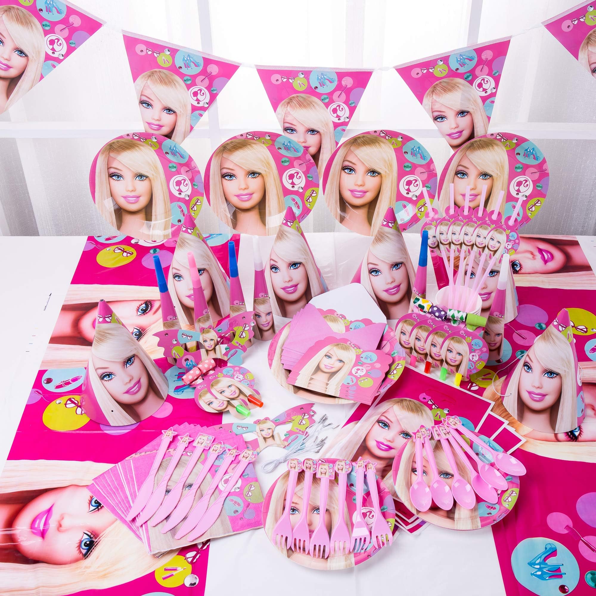 MEILIS 90pcs Set Barbie Theme Party Disposable Tableware Set Decoration Supplies Christmas Table Cloth Set for Kids Favor Birthday Decoration Props