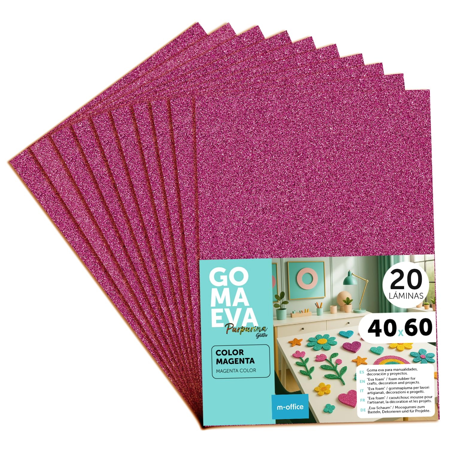 m-office Moosgummi Platten mit Glitzer 40x60cm, Bunte EVA Foam Bastelplatten für Kinder, DIY, Schule, Deko & Kunstprojekte – Ideal als Bastelpapier, Moosgummi mit Glitzer (Magenta, 20 uds)