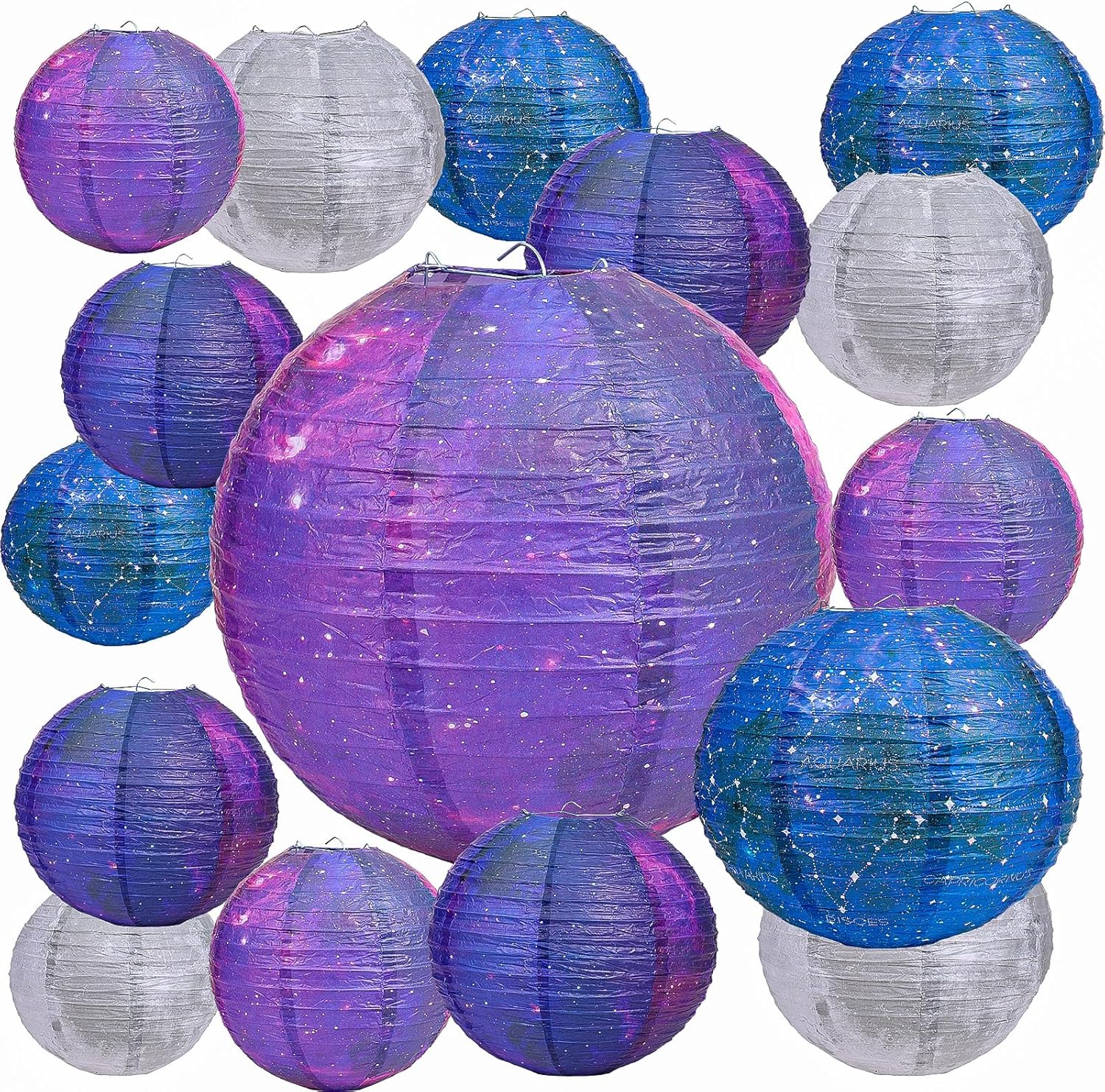 12Pcs Galaxy Theme Party Decorations Galaxy Print Paper Lanterns, Space Themed Hanging Lanterns Ceiling Decor for Home Birthday Party Decor 8/10/12 Inch