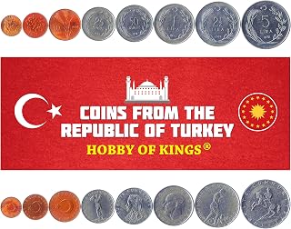Set of 8 Coins from Turkey. 1, 5, 10, 25, 50 KURUS, 1, 2.5, 5 Lira. 1957-1980