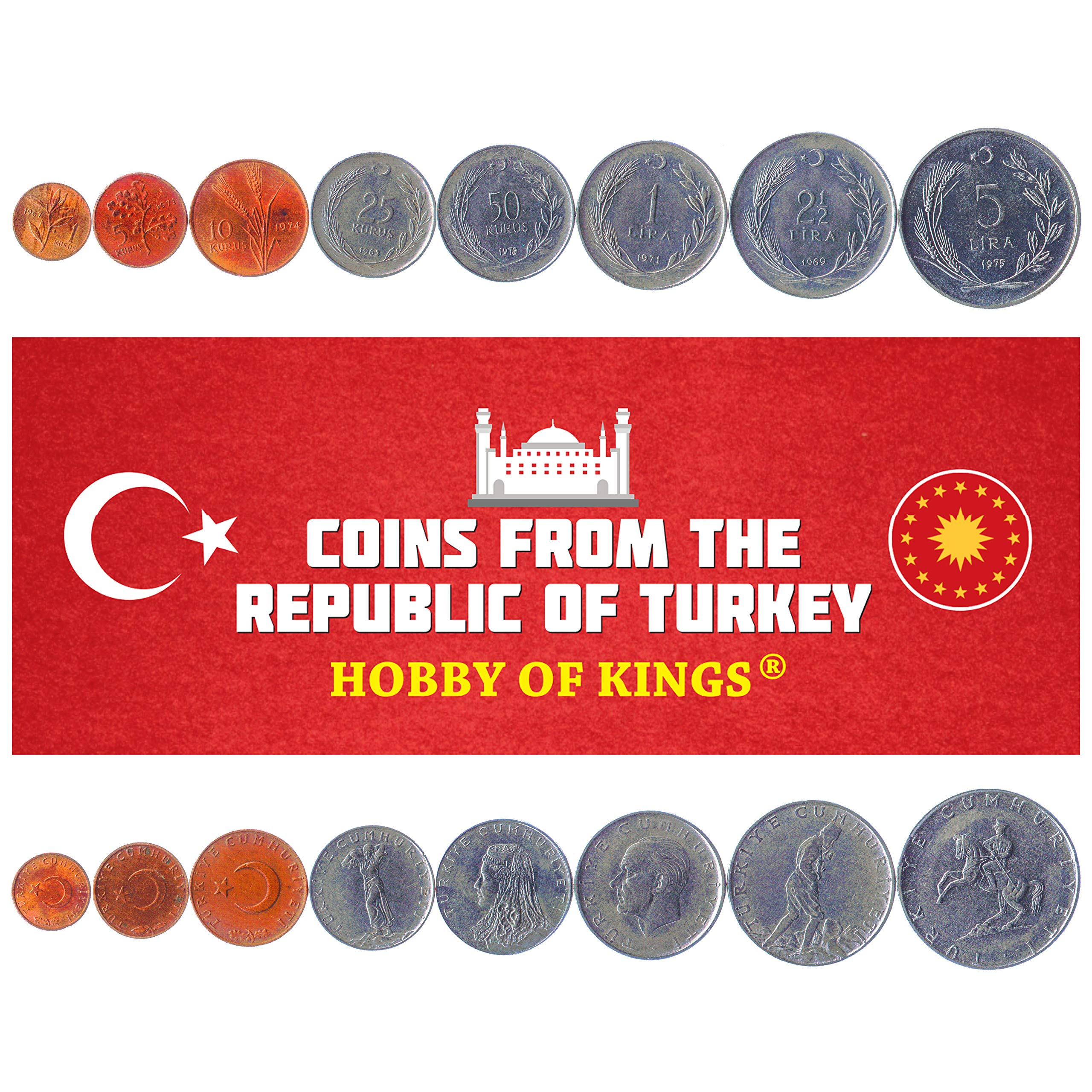 Amazon.com: 一組8 枚來自土耳其的硬幣。 1、5、10、25、50 KURUS、1、2.5、5 里拉。 1957-1980 : 藝術古董收藏