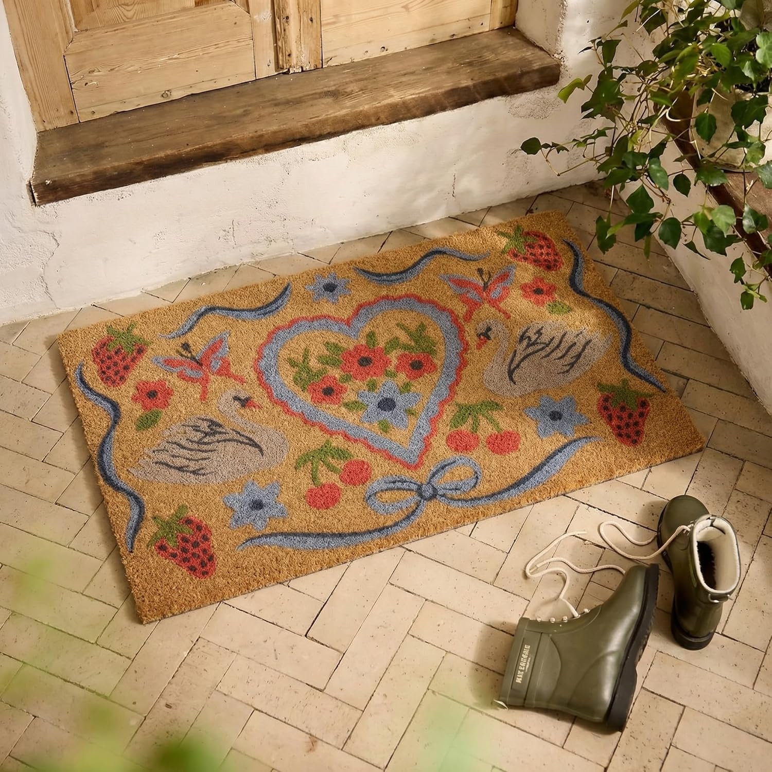 BBSET Artificial Coir Swan Welcome Door Mat Cute Heart Goose Bow Outdoor Mat Blue Floral Rug for Frontdoor Entrance 30"x 17" (Swan)