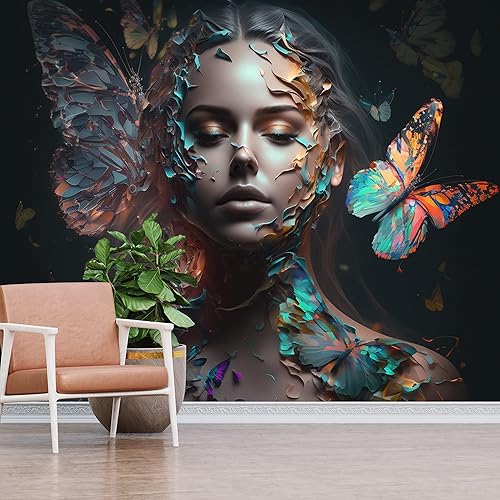 Papel pintado de mariposa colorida alrededor de la mujer, salón de belleza, sala de estar, dormitorio, oficina, pared extraíble y reutilizable,