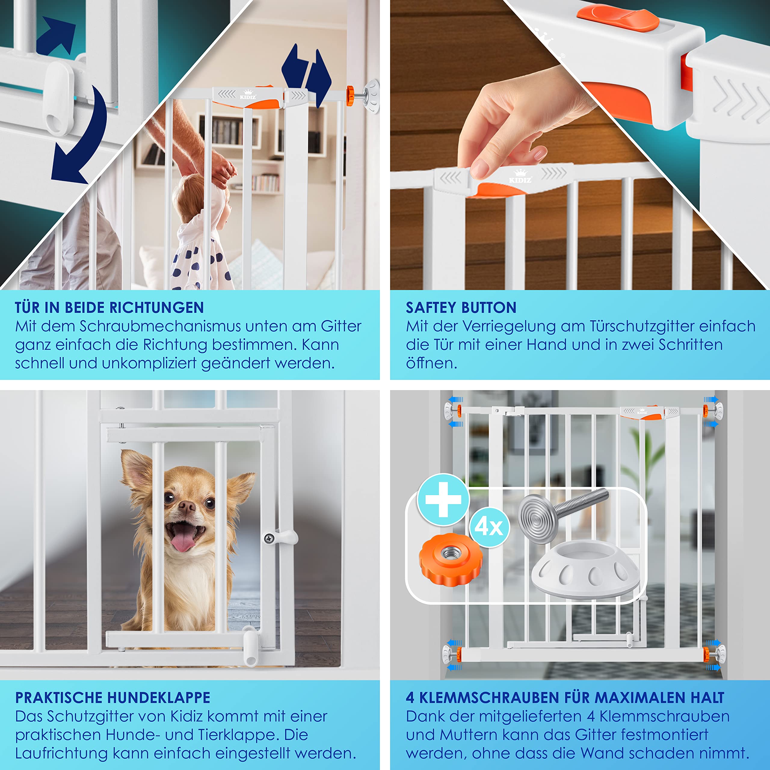 KIDIZ® Cancelli di sicurezza, cancelli, cancelli per scale, cancelli per bambini | con porta per cani e gatti, animali domestici | senza perforazione | espandibile | girevole |Blu81-94 cm