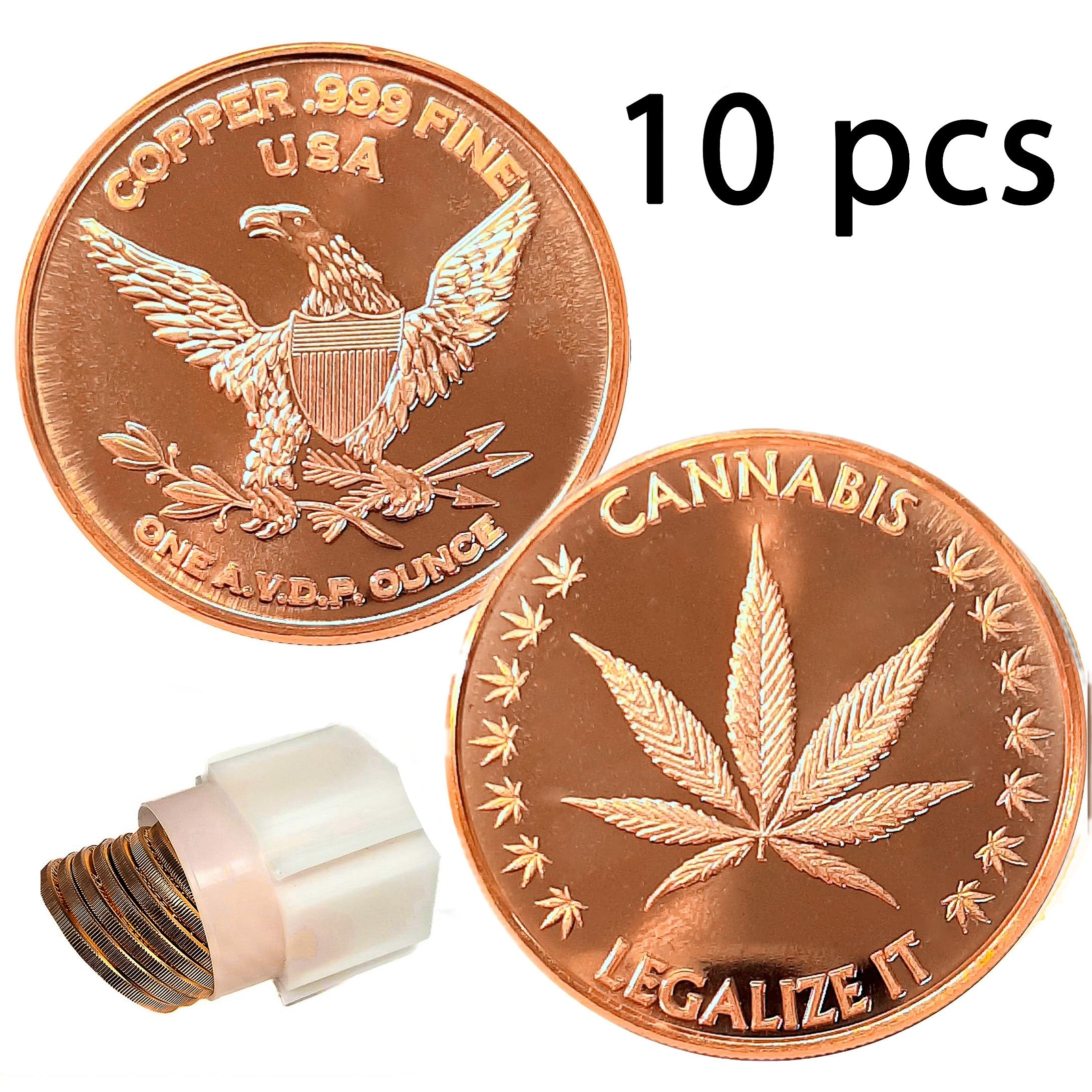 10 x 28,3 g Kupfer runde Cannabisblatt 999 feine Edelbarren Lieferung in Dose