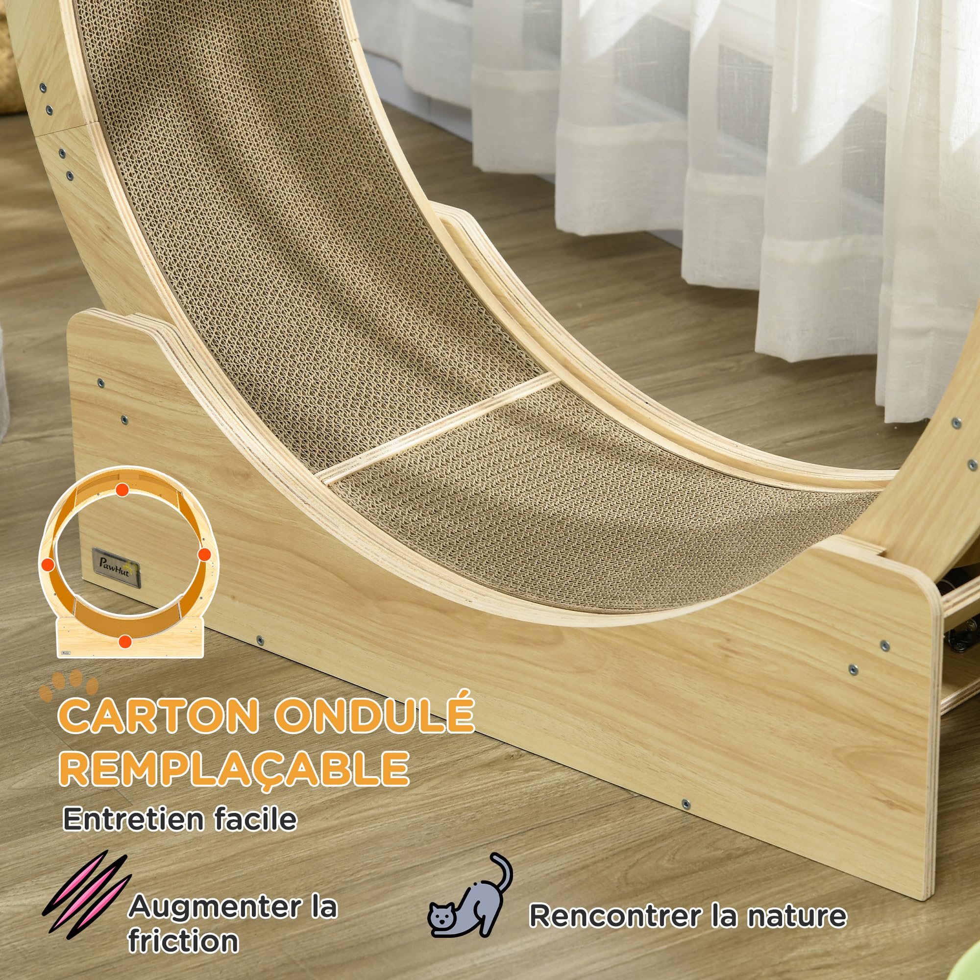 PawHut Roue d'exercice pour chat 91 cm, grande roue de course avec frein sécurisé et tapis de grattage amovible, tapis roulant ultra silencieux, pour perte poids, santé d'animaux de compagnie, naturel