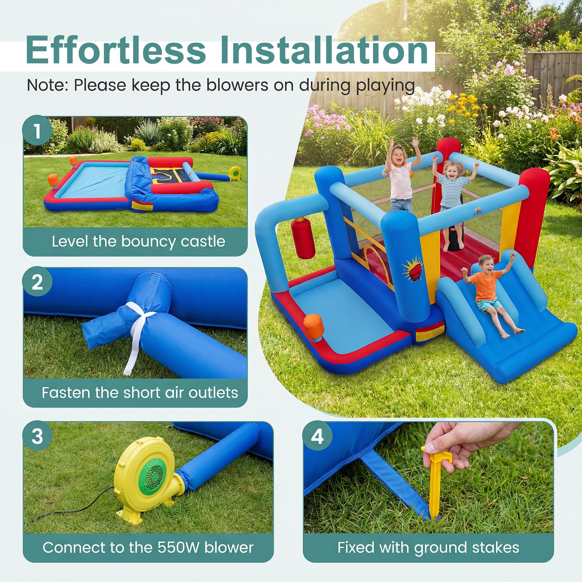 Giantex - Castillo hinchable para niños, exterior, con soplador, 550 W, parque acuático inflable con bolsas de golpeo, piscina, cesta de baloncesto, tobogán, para niños y niñas, 3-12 años, carga 90 kg
