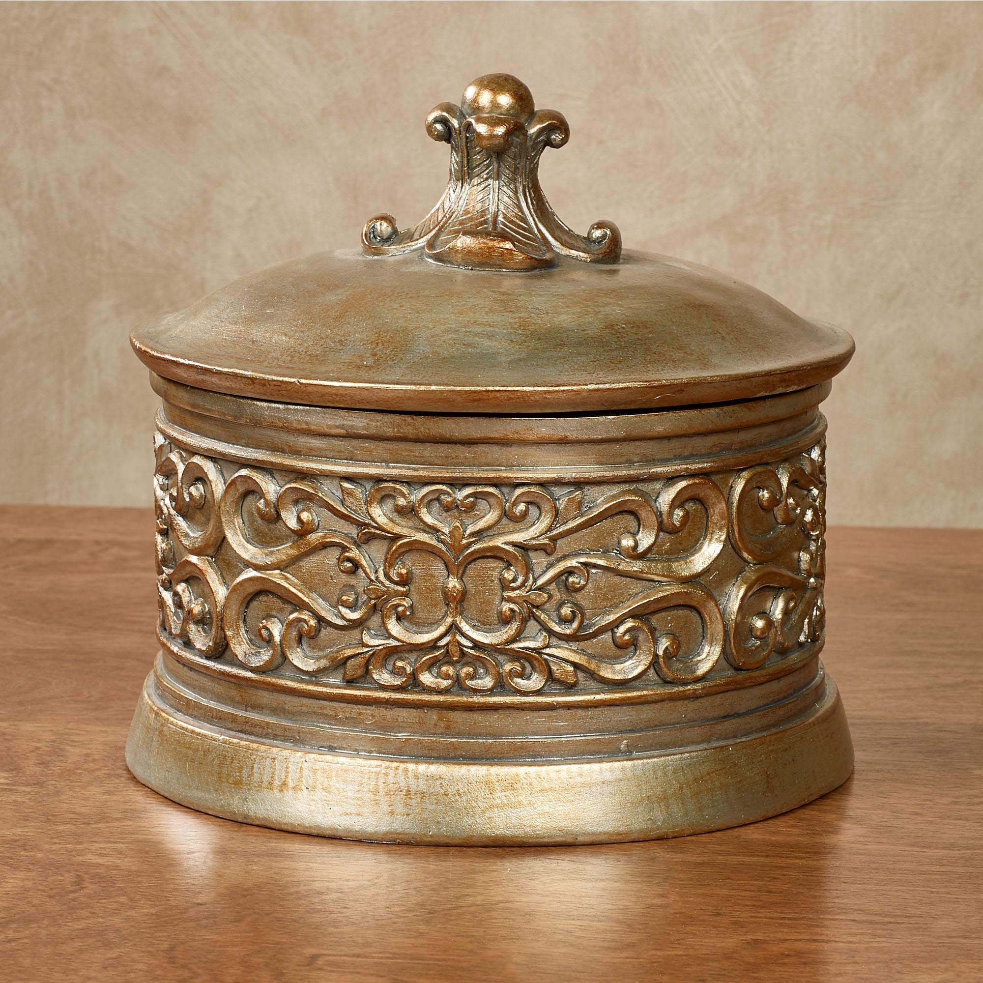 Touch of ClassLaryssa Decorative Covered Bowl - Resin - Champagne Gold - Classy Keeper for Bedroom, Bathroom, Vanity, En Suite, Living Room, Bookshelf, Countertop, Entryway, Foyer