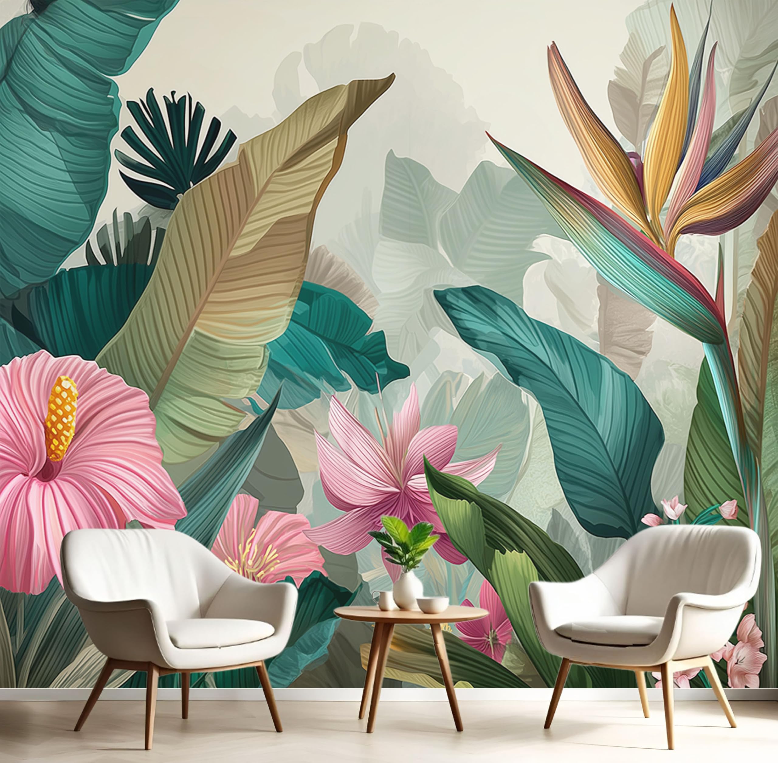 Fotomurales hibisco hojas de plátano 200x140cm papel pintado decorativo para sala y comedor