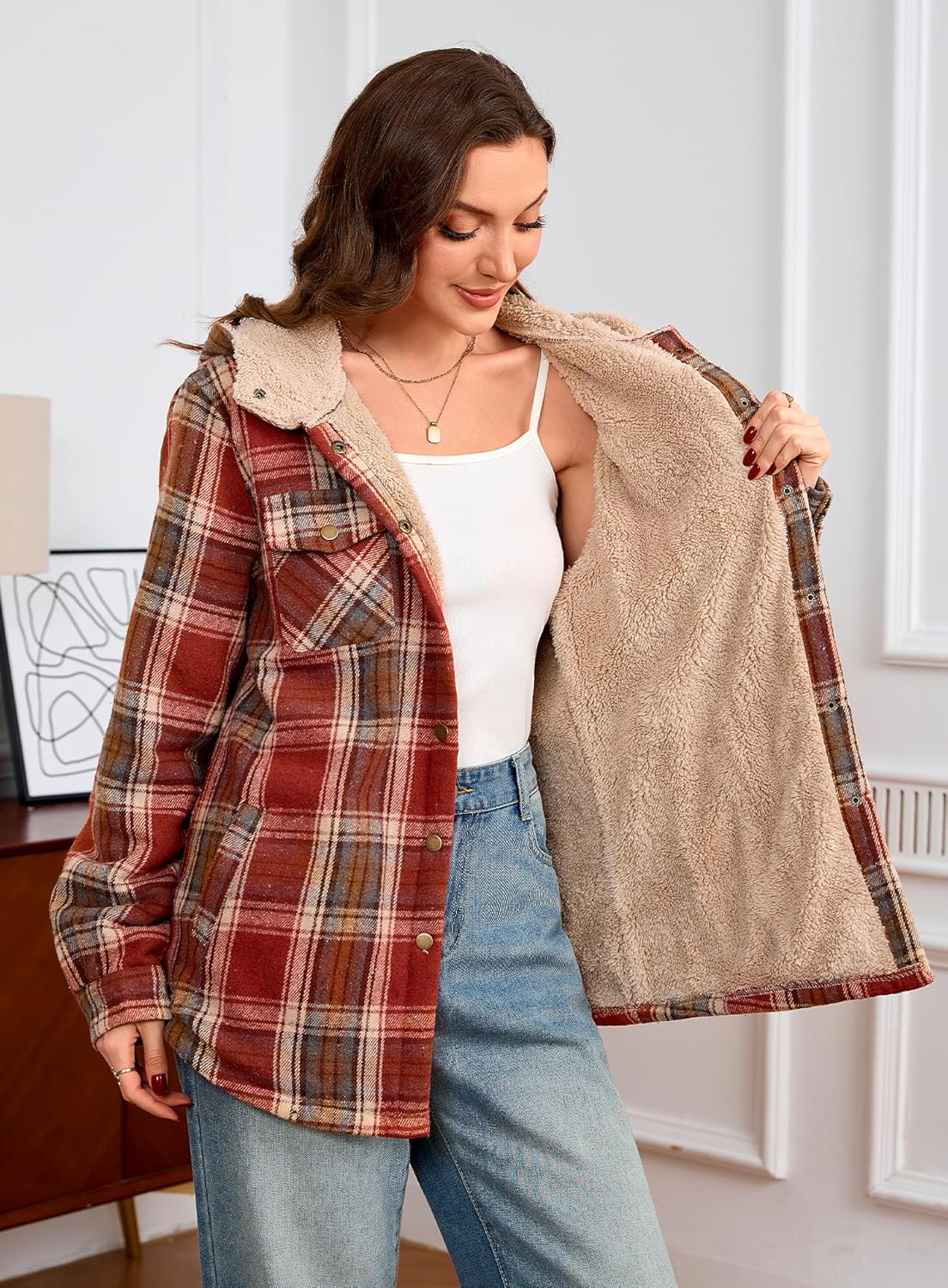 Elesuit Women's Fleece Flannel Jacket Plaid Sherpa Lined Jacket Long Sleeve Button Down Hooded Jackets for Women - Image 3