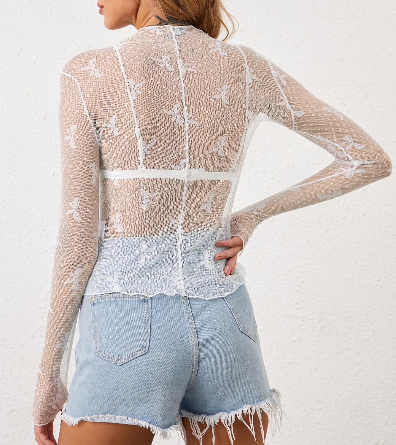 Lace Tops for Women Long Sleeve Sexy Mesh Top Going Out Dressy Sheer Top See Through - Image 5